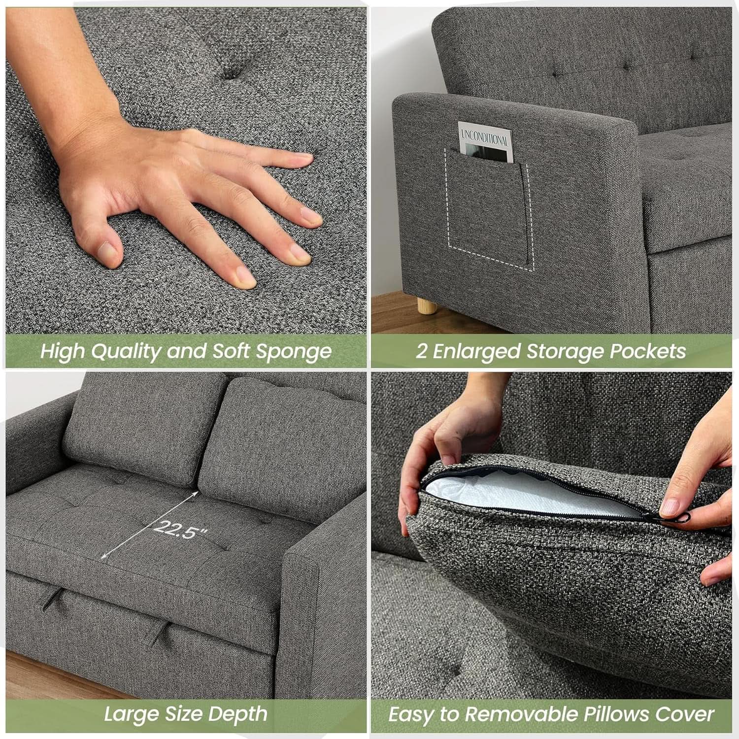 Sleeper Sofa Bed, 3-In-1 Convertible Sofa Chair, Linen Fabric Pull Out Couch Bed, Loveseat Sleeper with Spring Support, Adjustable Backrest, 2 Seater Recliner Chair for Small Space, Dark Grey