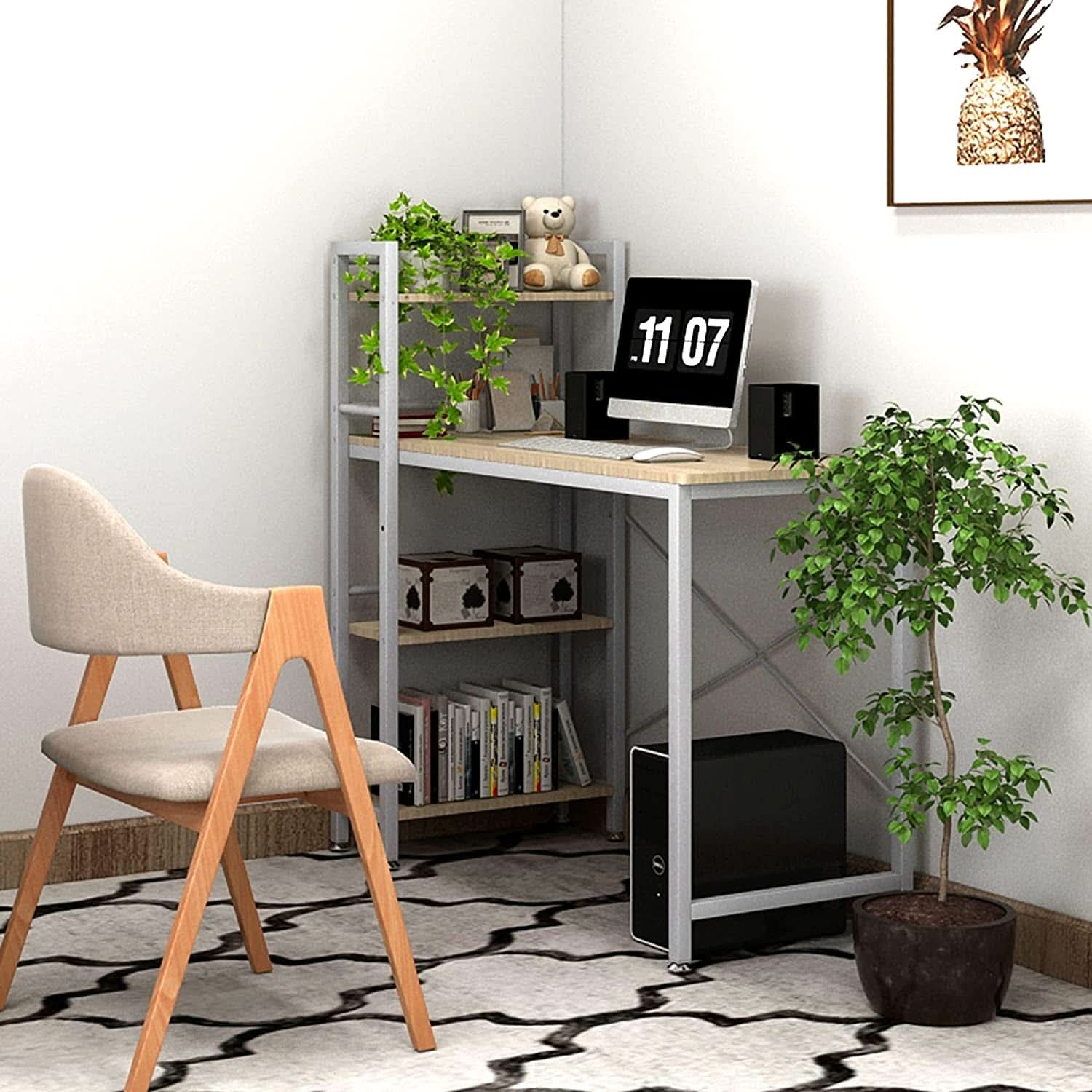 Small 4 Tier Desk With Bookshelf In Natural White Finish