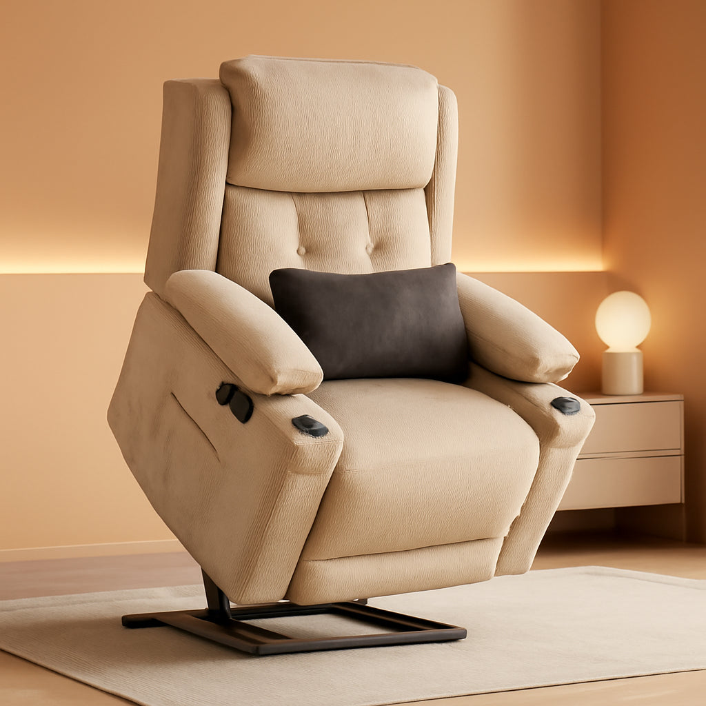 Small Beige Lay Flat Lift Recliner With Power Headrest Massage