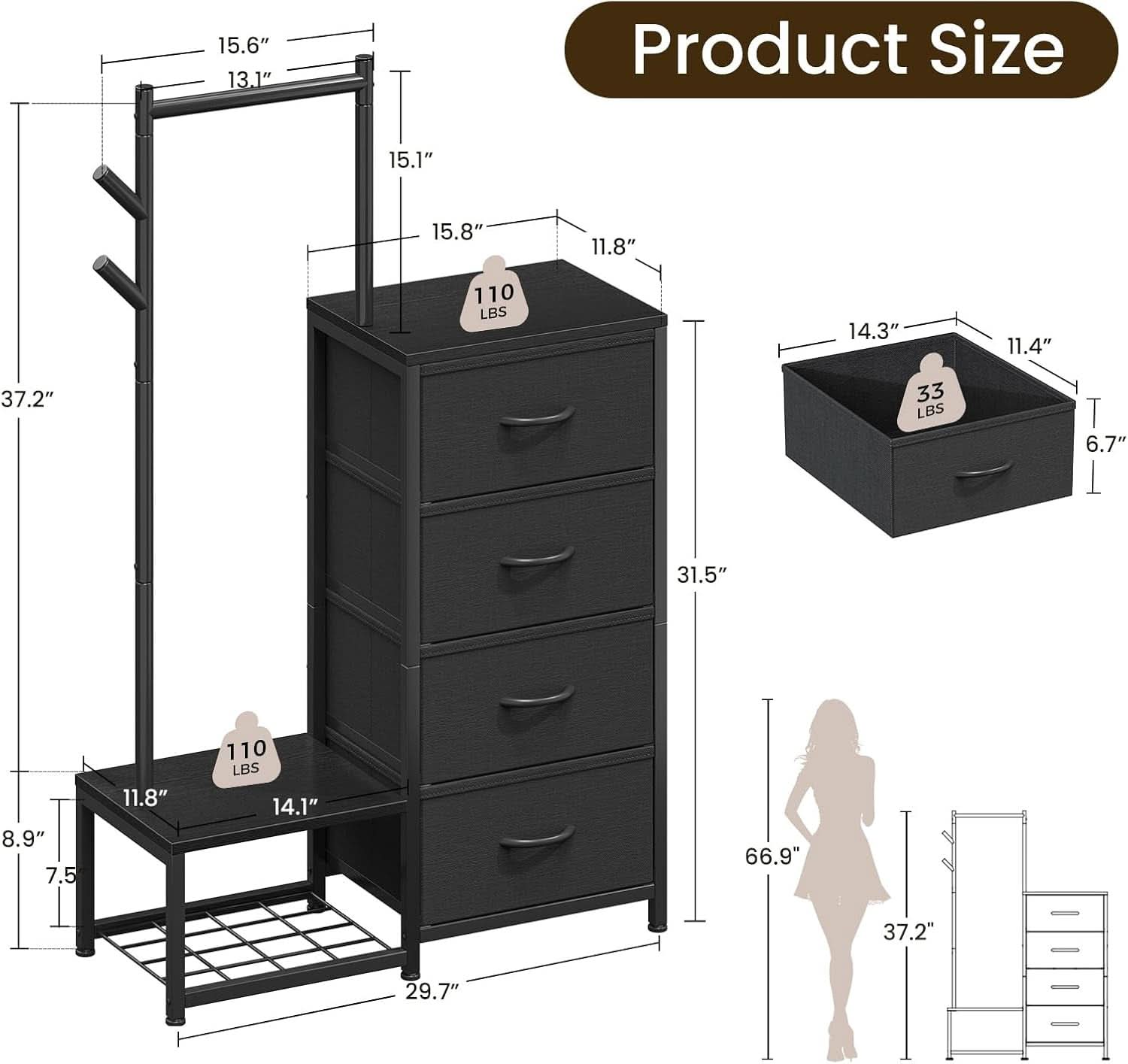 Small Black 3 In 1 Ultra Compact Dresser With Racks