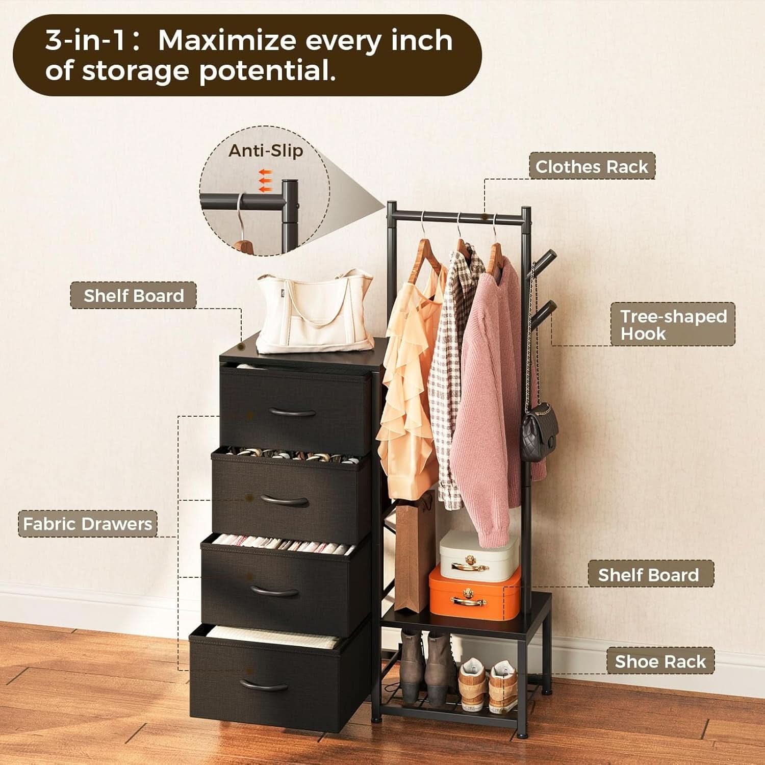 Small Black 3 In 1 Ultra Compact Dresser With Racks