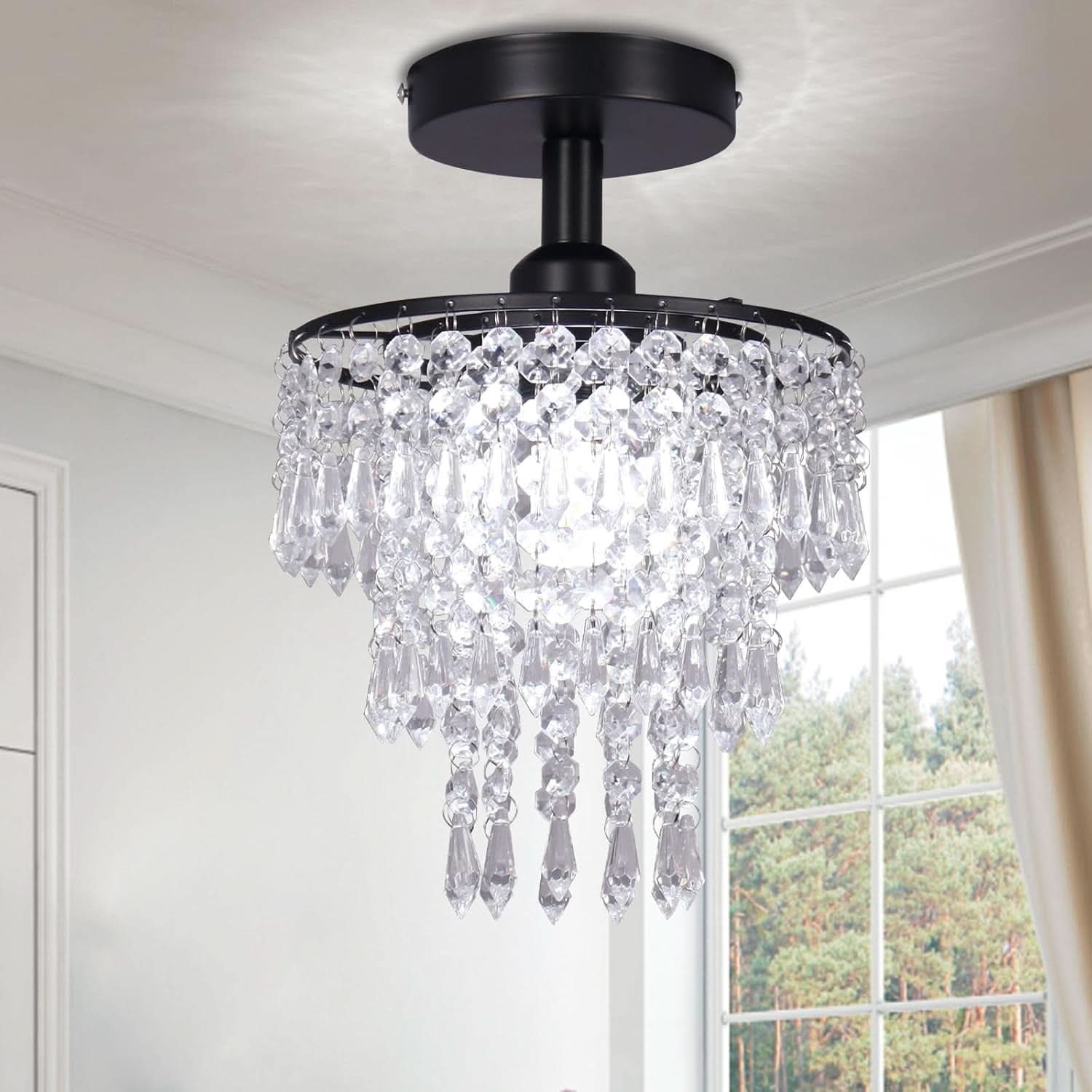 Small Black Crystal Chandelier Flush Mount With Raindrops