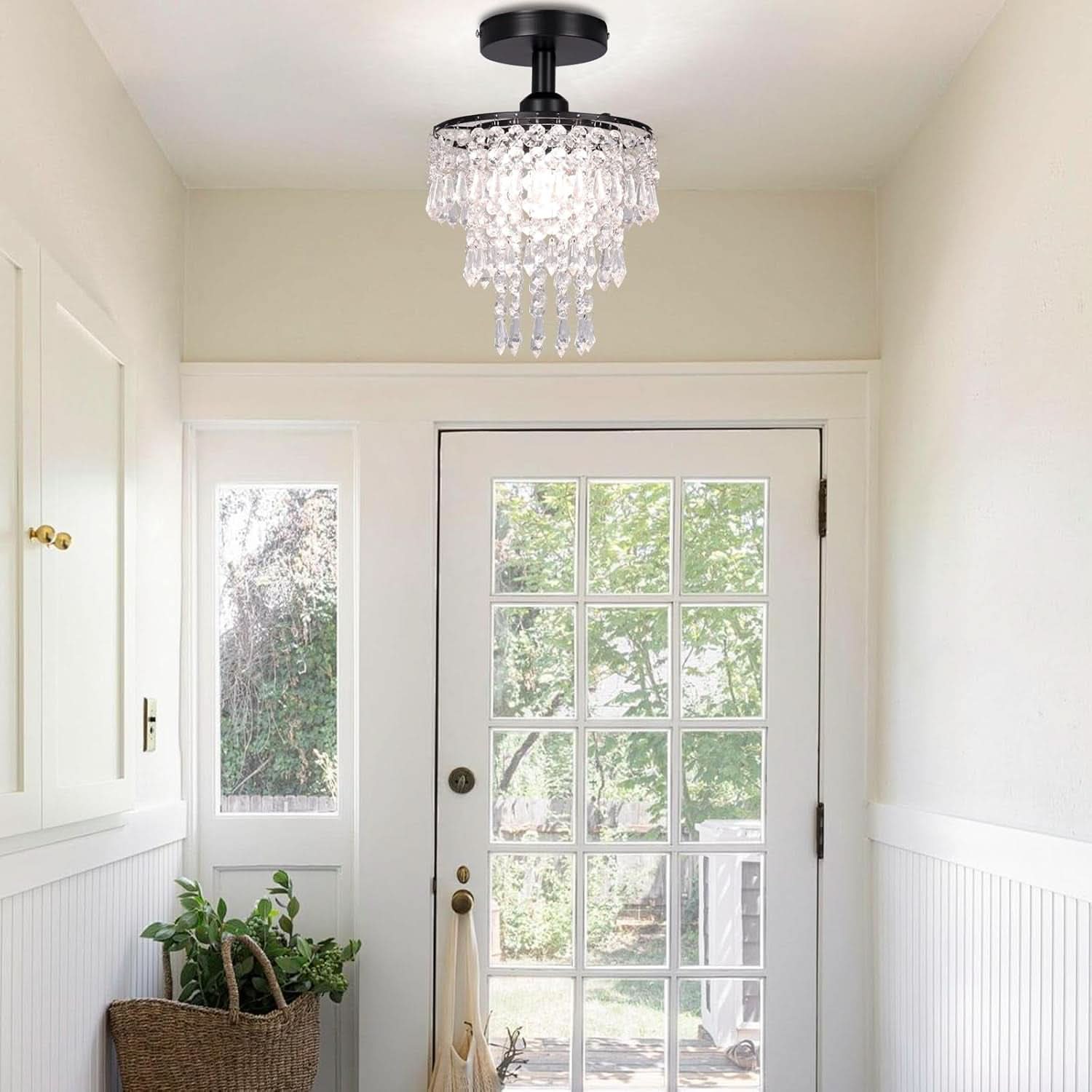Small Black Crystal Chandelier Flush Mount With Raindrops