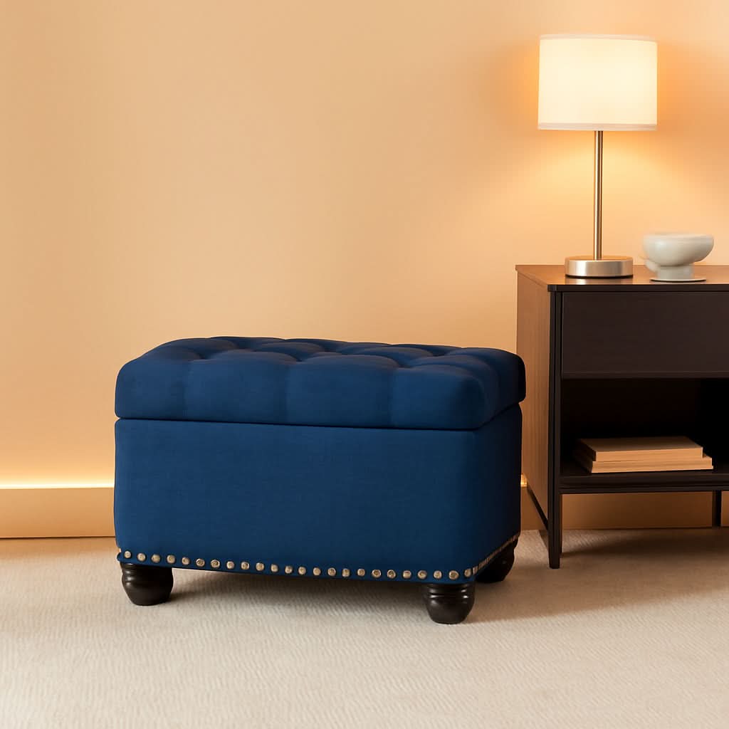 Small Blue Linen Storage Ottoman With Hinged Lid For Living Room