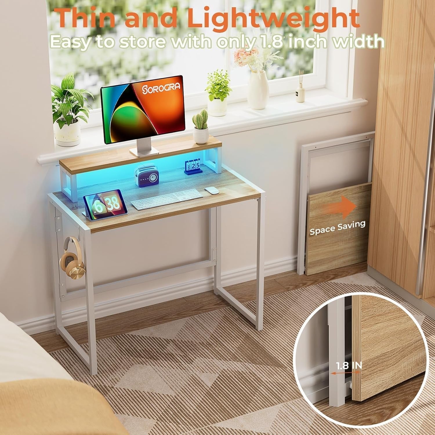 Small Folding Desk 31.5 Inch With LED Lights Monitor Stand