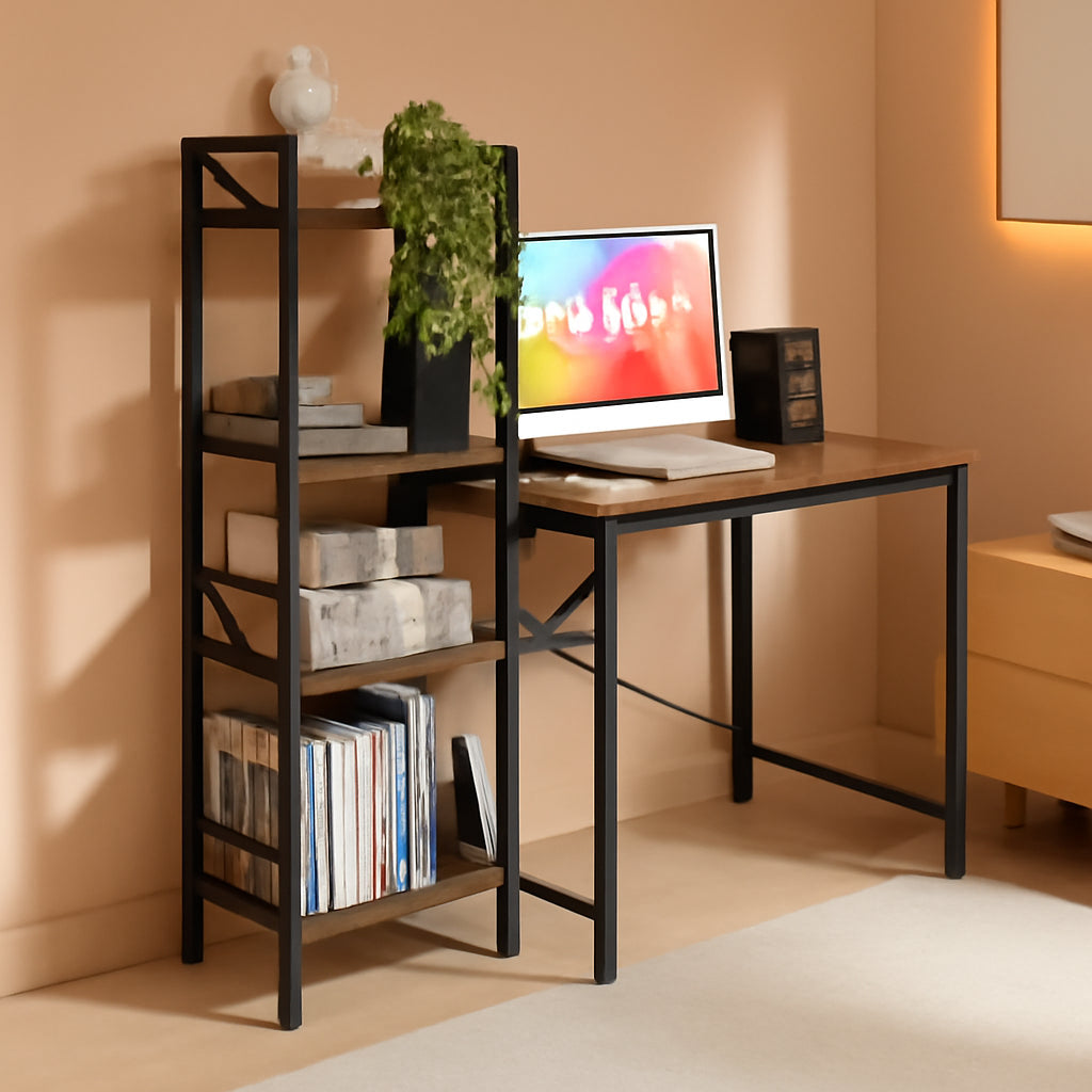 Small Rustic Desk With 4 Tier Bookshelf For Home Office