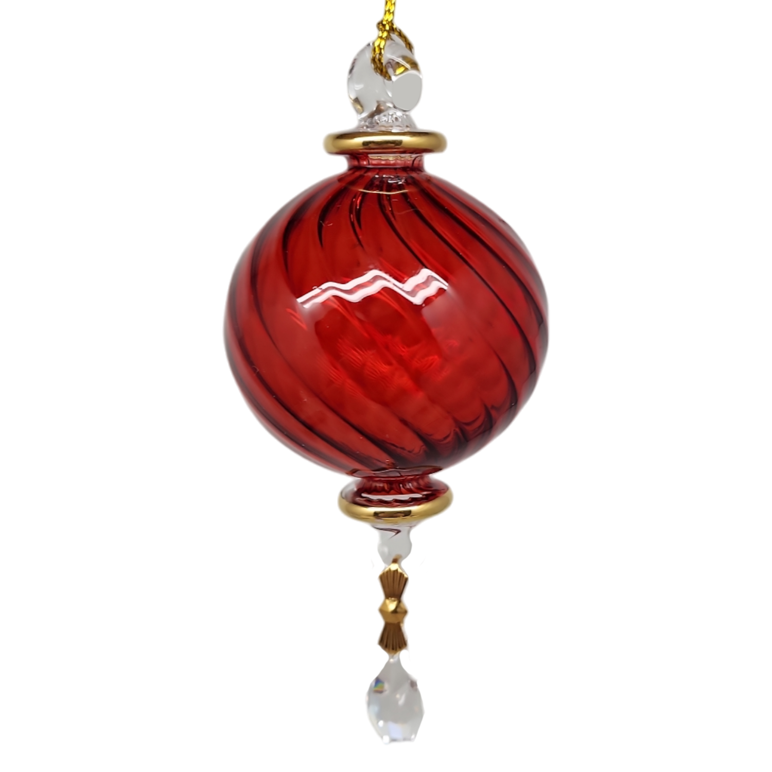 Small Sphere Glass With Ribbed Groove and Gold Accents - Christmas Red