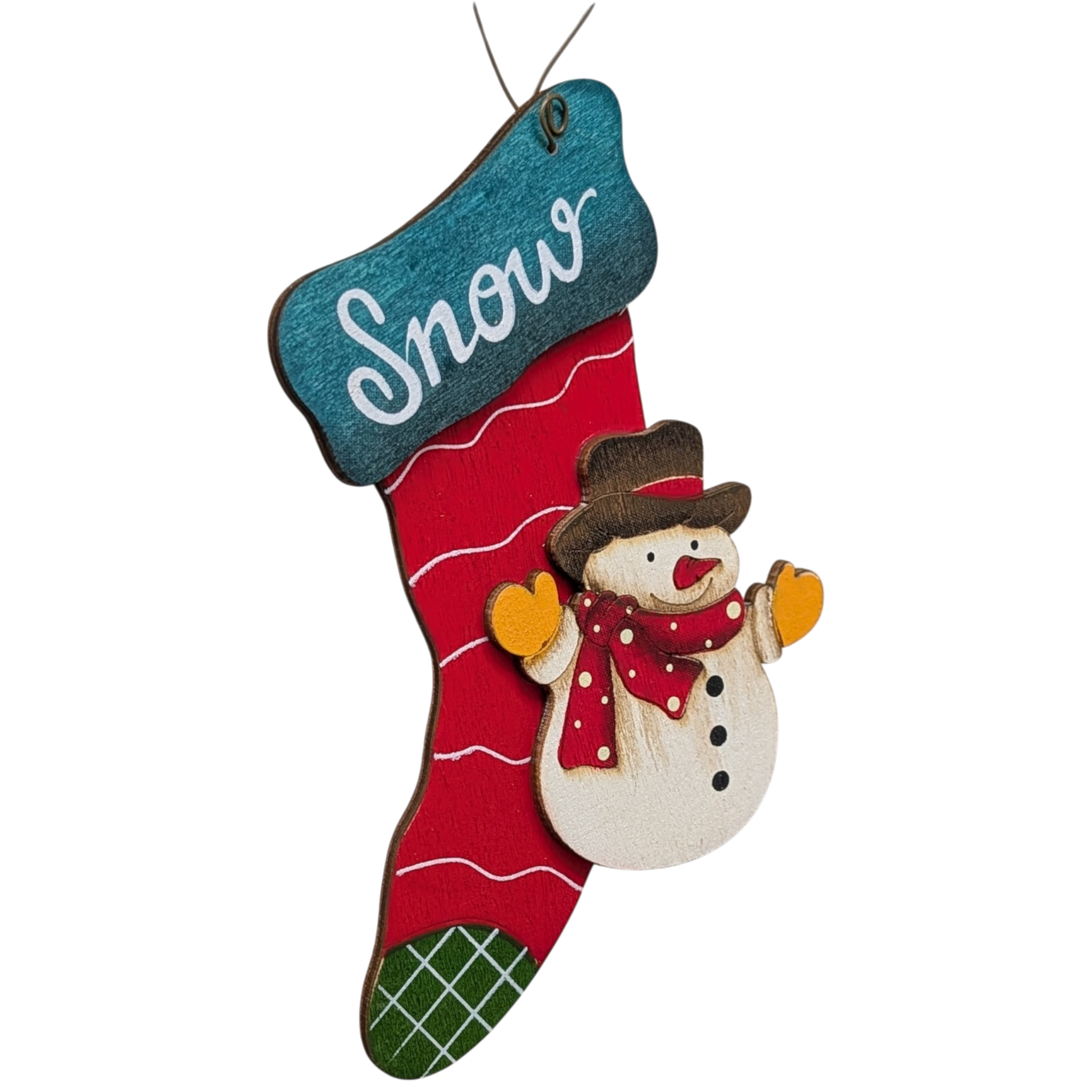 Snowdrift's Stocking Magic: Hand-Painted Plywood Ornament