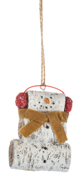 Snowman with Birch Log Ornament -