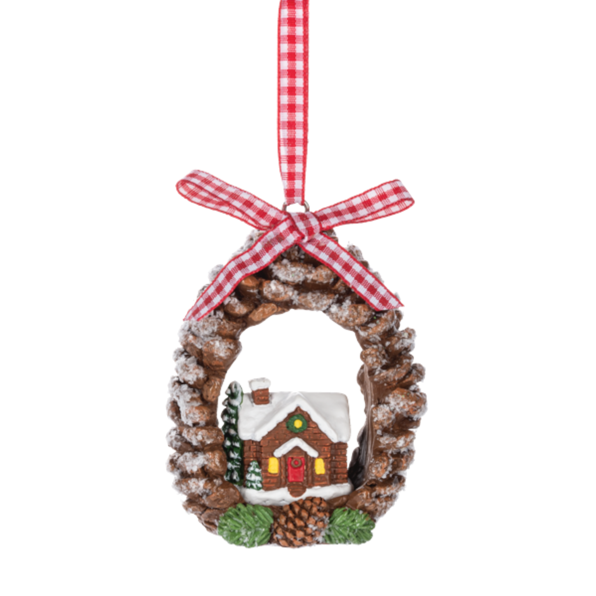 Snowy Gingerbread Cottage Pinecone Wreath Ornament