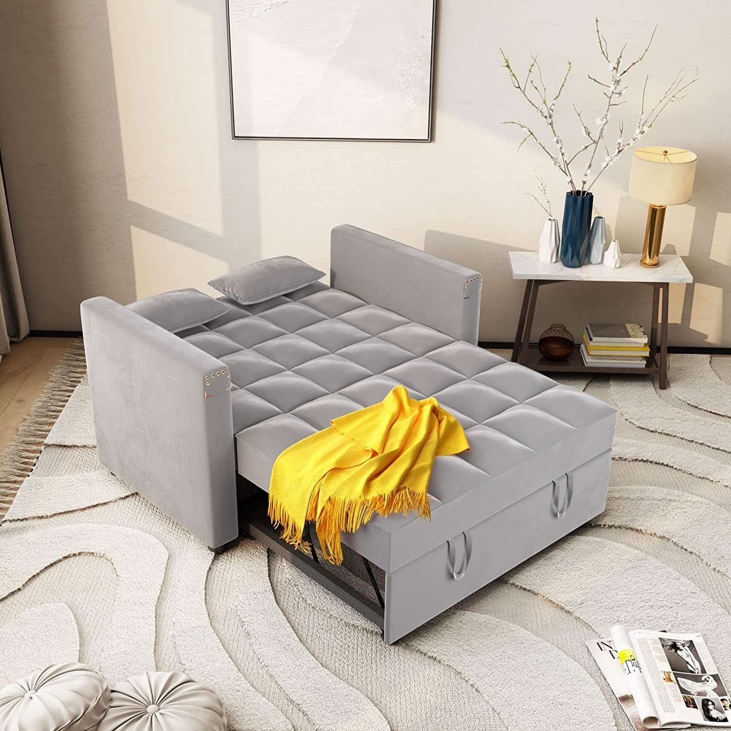 Sofa Bed With Hidden Table Velvet Fabric For Small Spaces