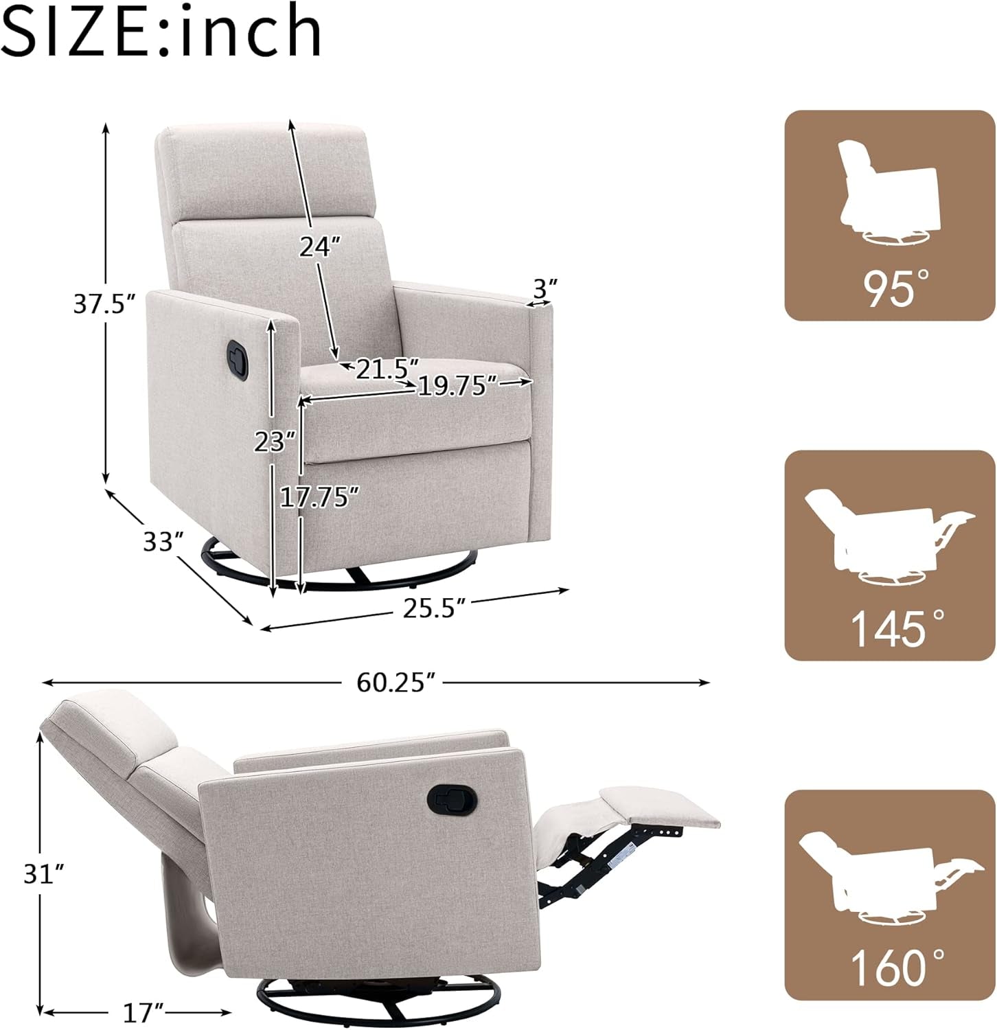 Soft Linen Swivel Push Back Rocker Recliner Chair Tan