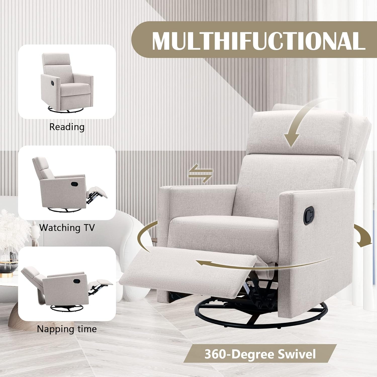 Soft Linen Swivel Push Back Rocker Recliner Chair Tan