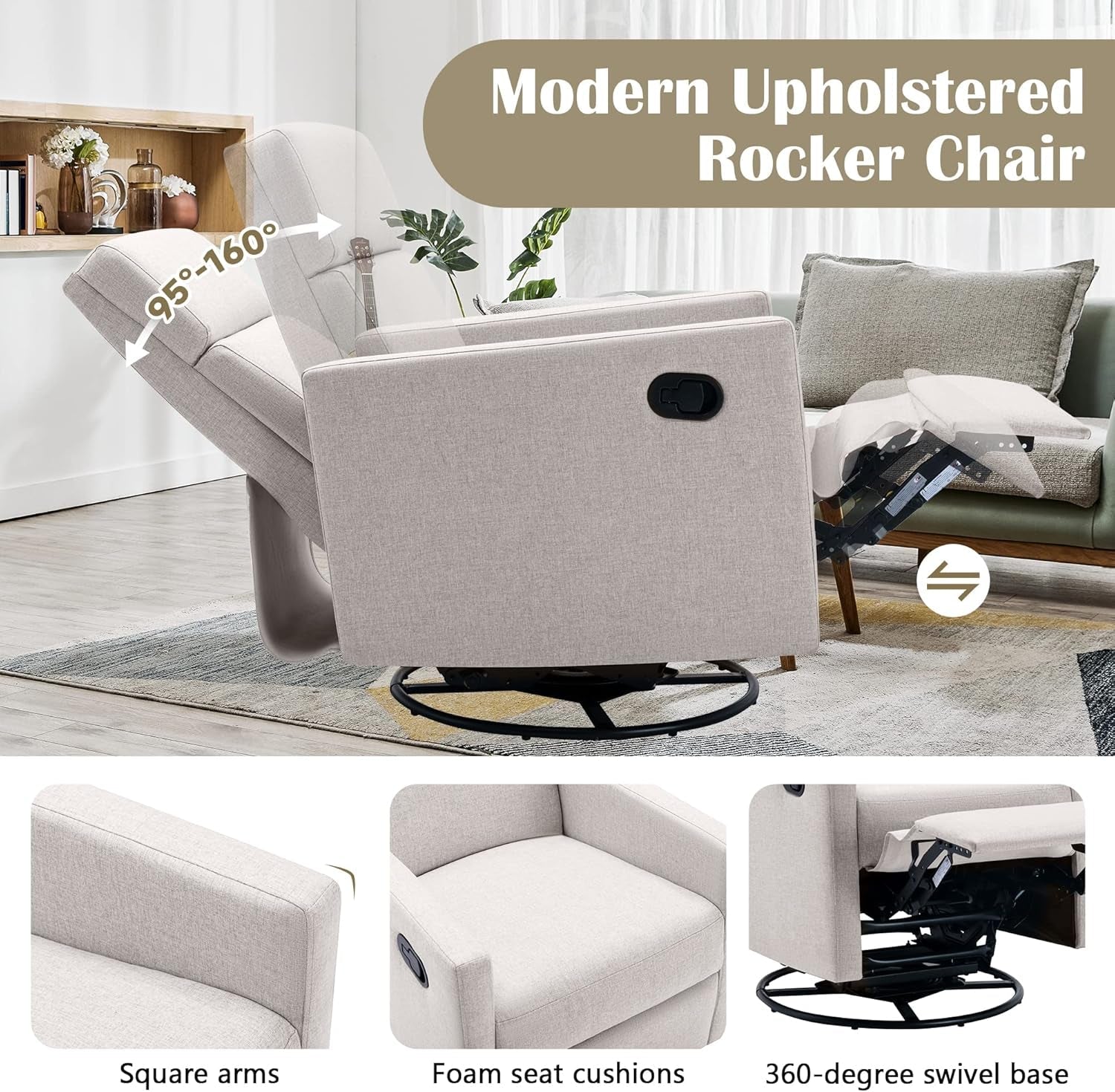 Soft Linen Swivel Push Back Rocker Recliner Chair Tan