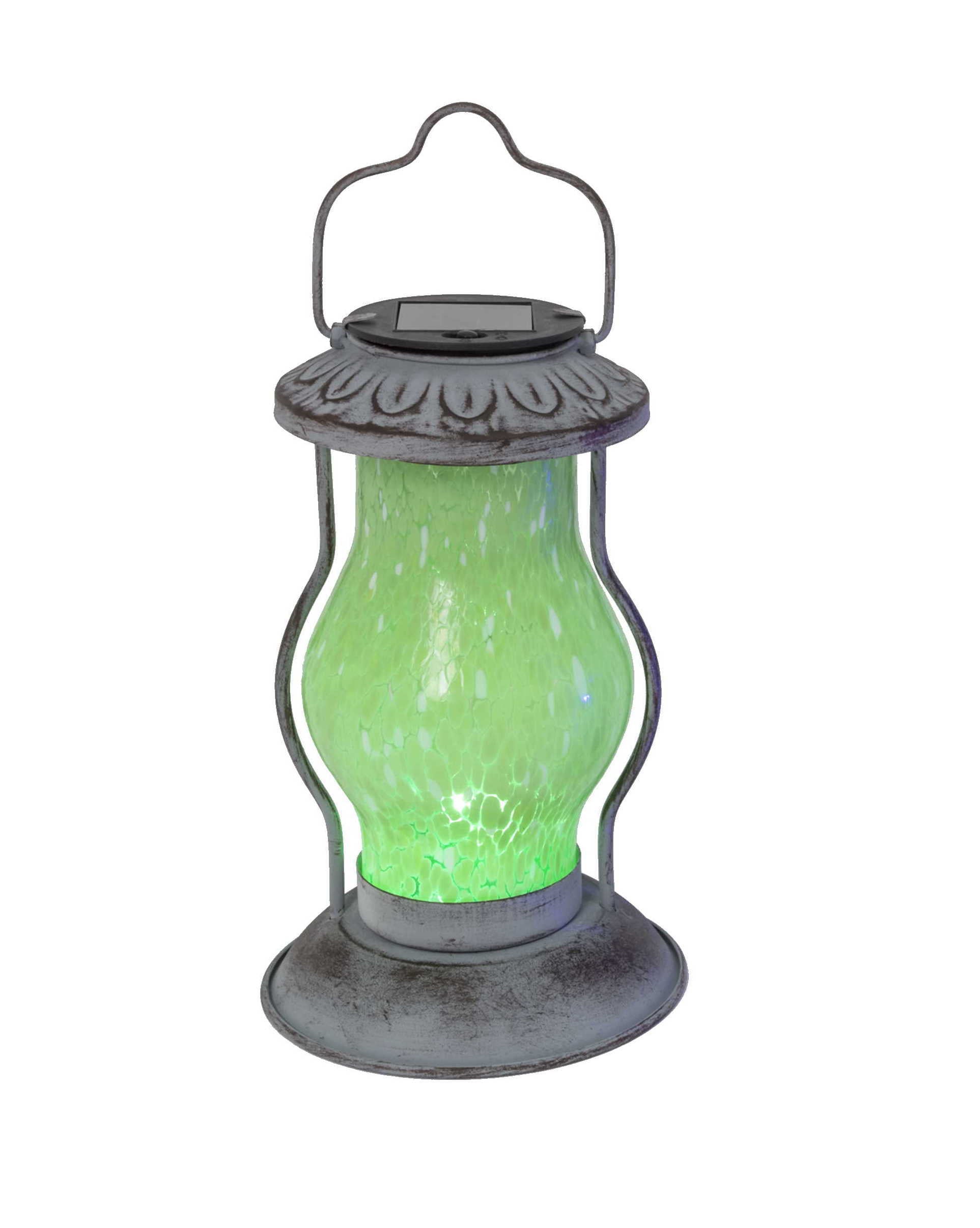 Solar Lighted Metal & Glass Lantern - Green