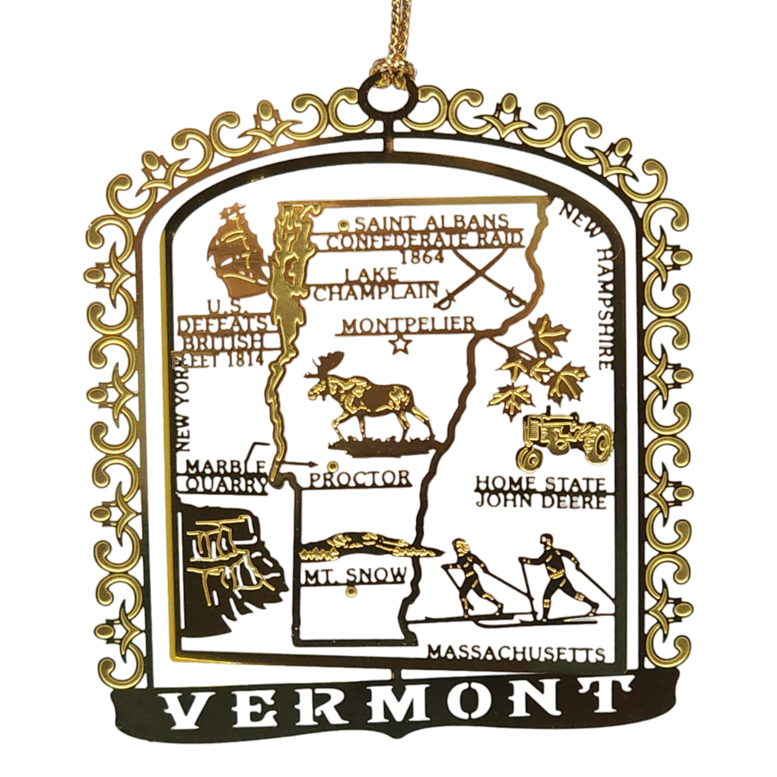 Solid Brass Ornament - Vermont Map and Landmarks