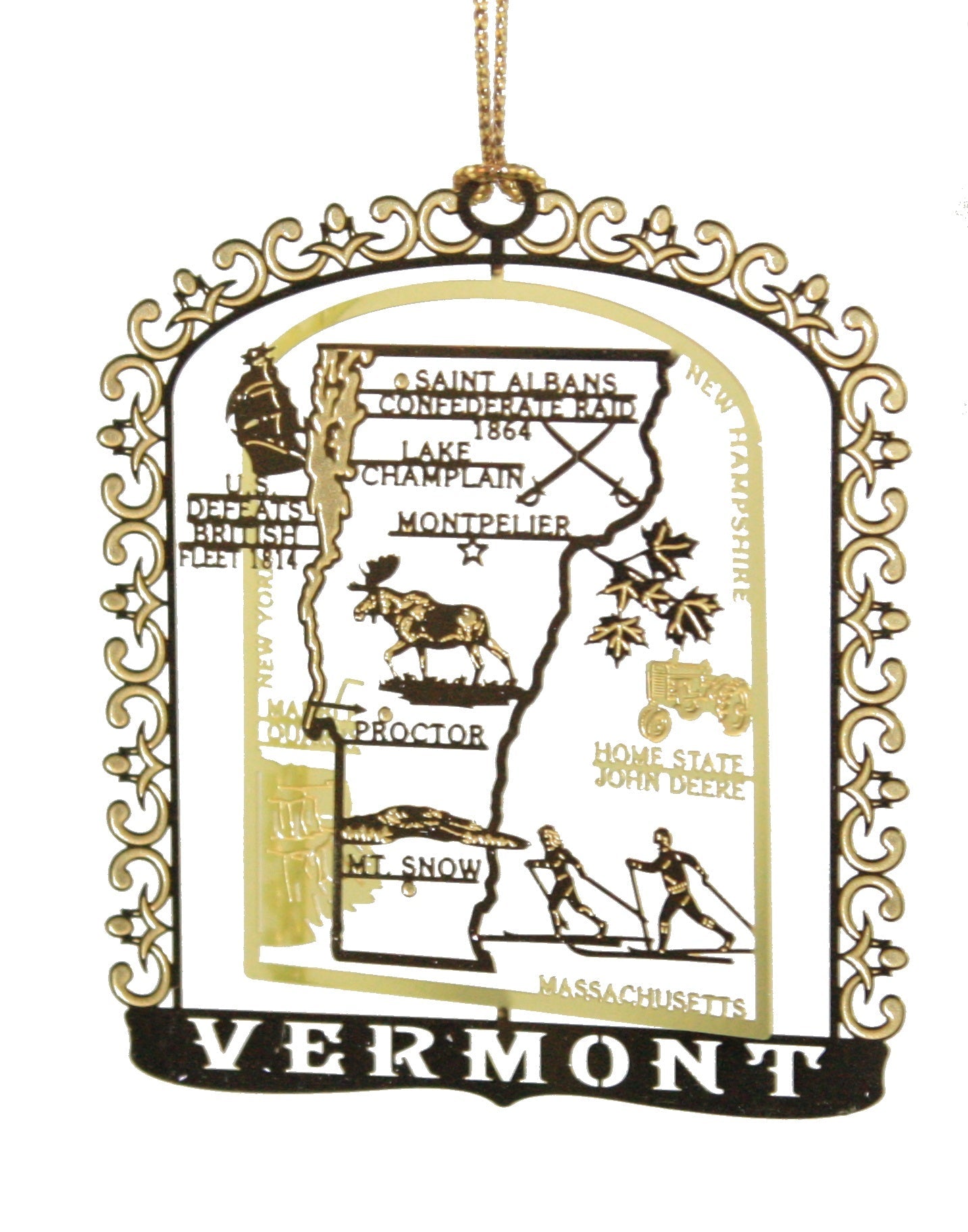 Solid Brass Ornament - Vermont Map and Landmarks