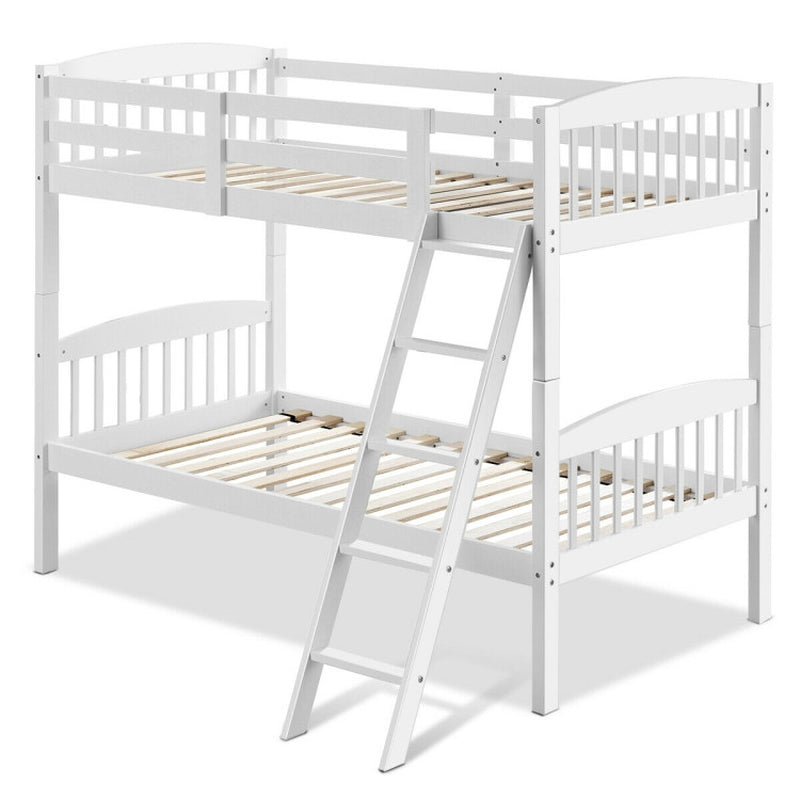 Solid Rubber Wood Twin Bunk Bed With Guardrails And Ladder