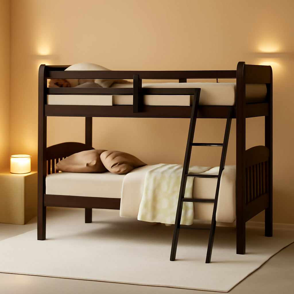 Solid Rubber Wood Twin Bunk Bed With Guardrails And Ladder