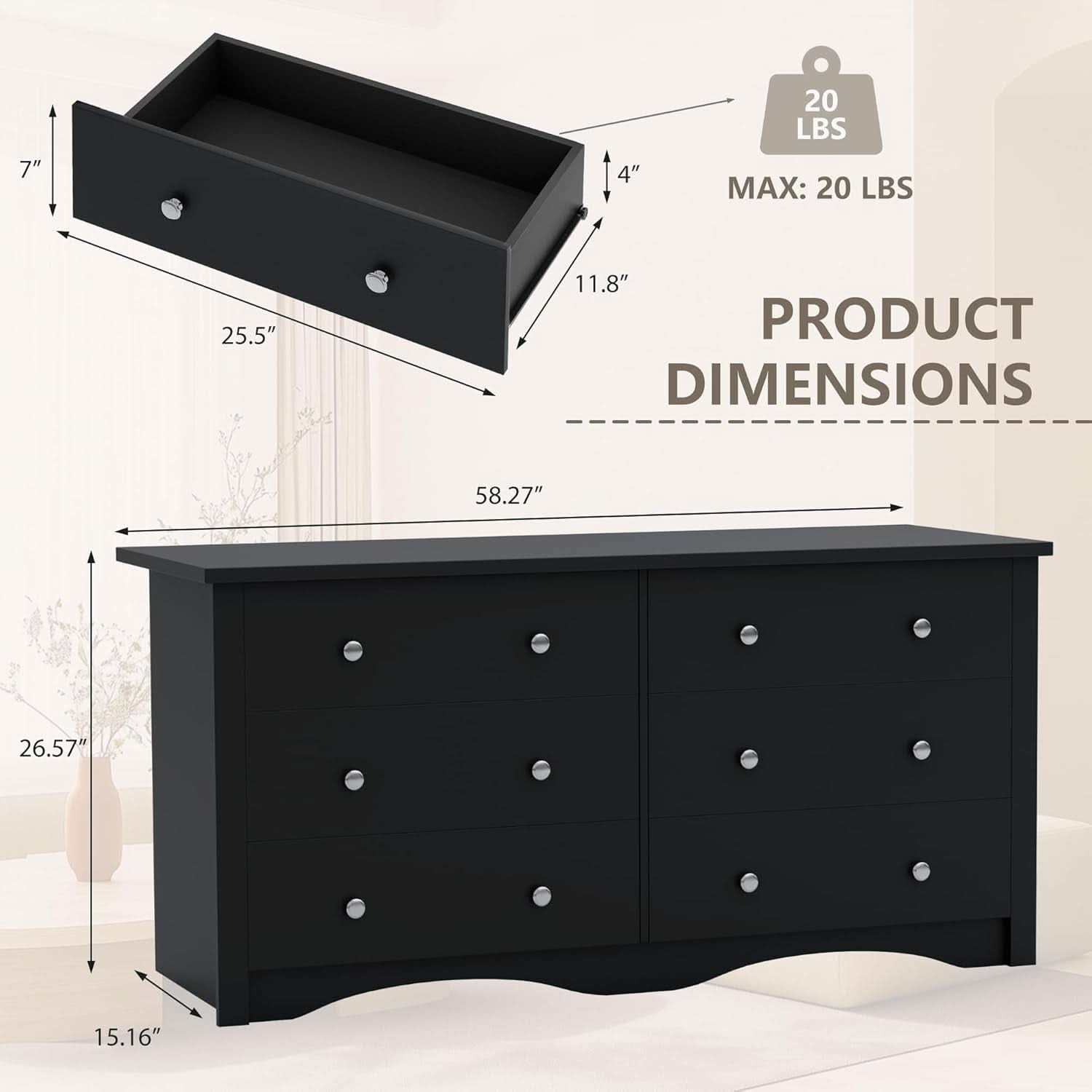 Solid Wood Black Dresser With Six Drawers Contemporary