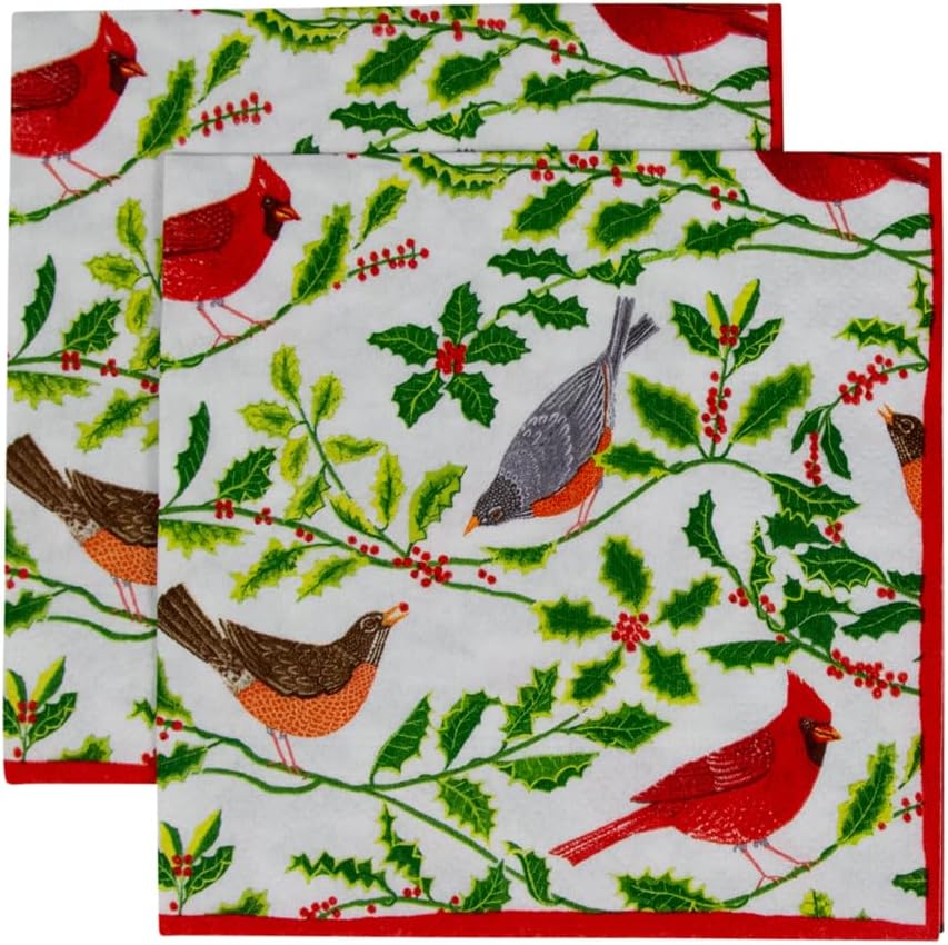Songbirds and Holly Paper Cocktail Napkins in White