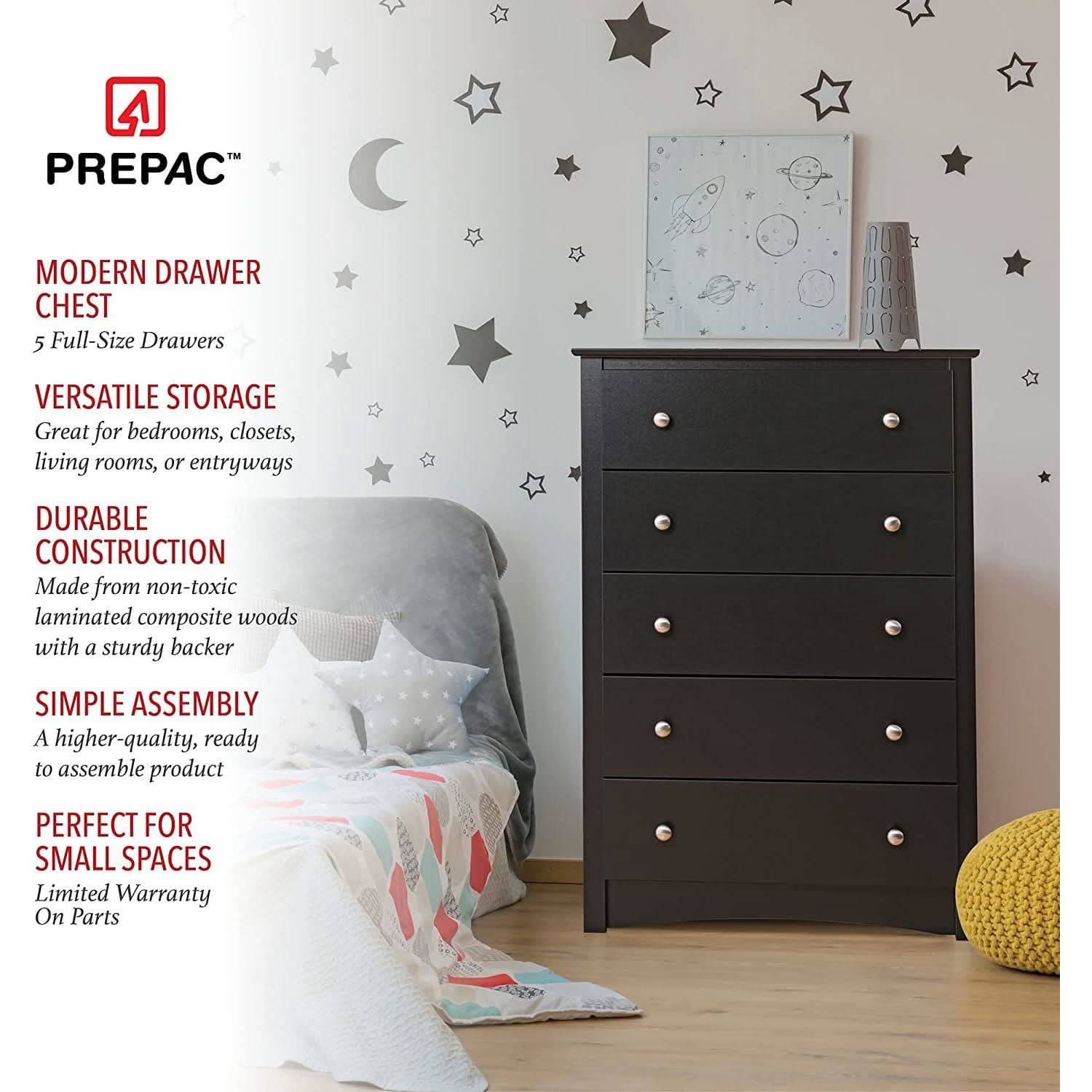 Sonoma Modern 5 Drawer Black Dresser Chest For Bedroom