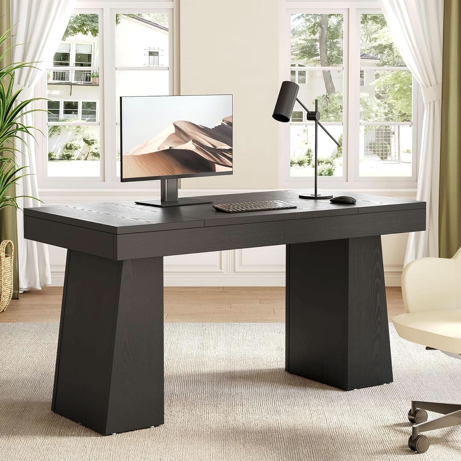 Spacious 55 Inch Black Wooden Computer Desk for Home