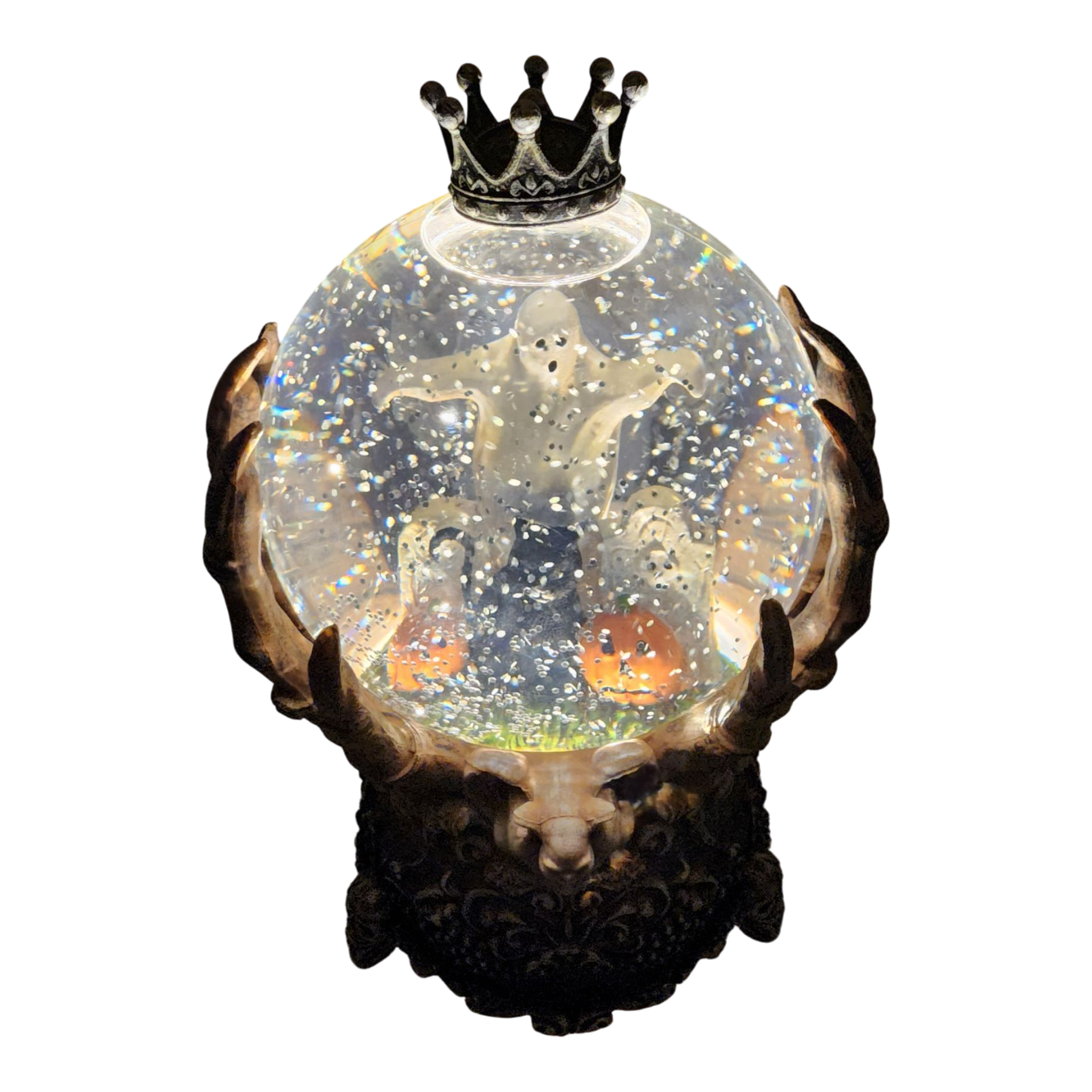 Spooky Spinning Waterglobe held by Skeleton Hands