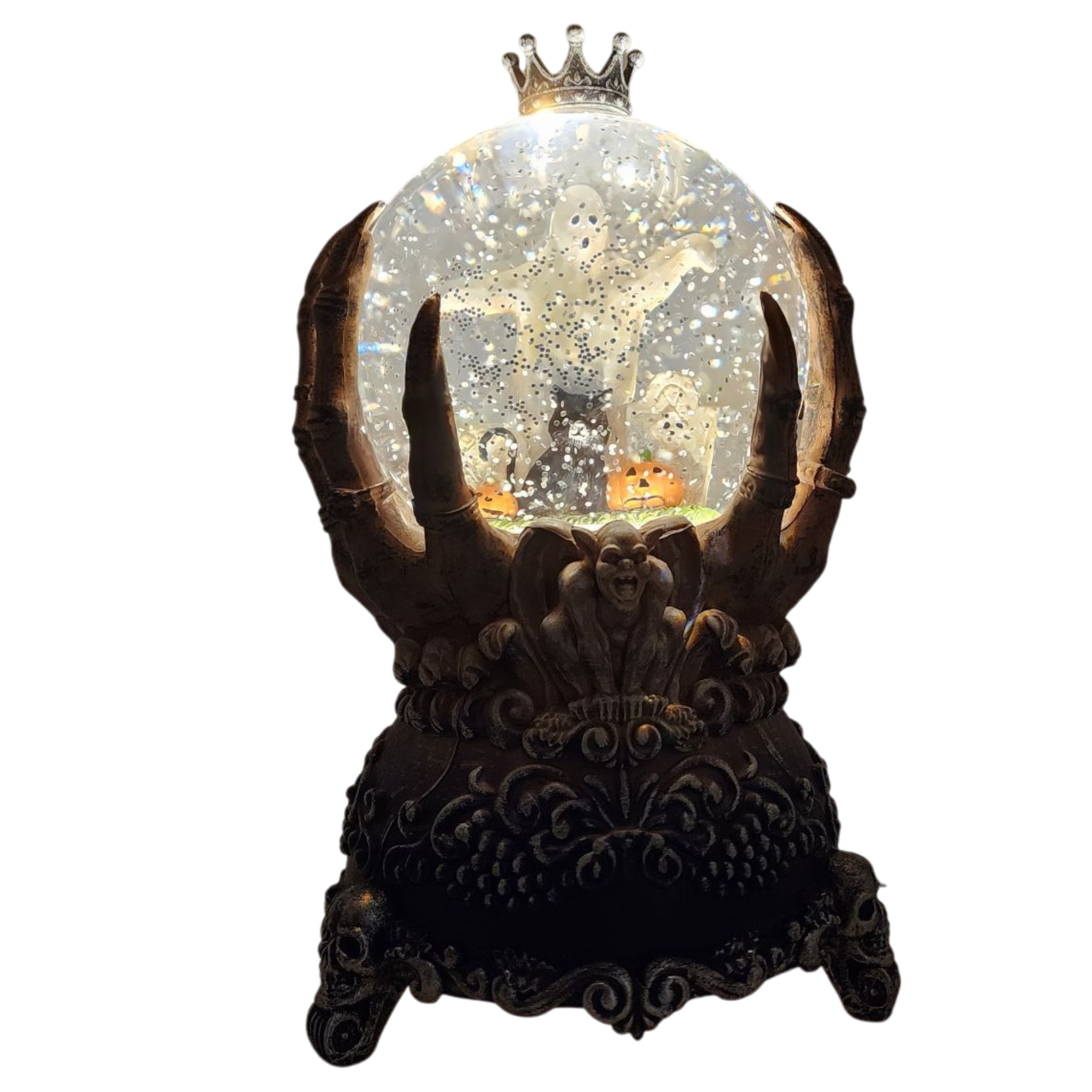 Spooky Spinning Waterglobe held by Skeleton Hands