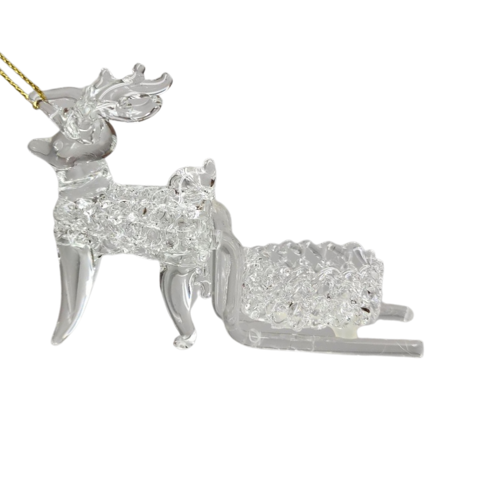 Spunglass Ornament - Clear Reindeer With Sleigh