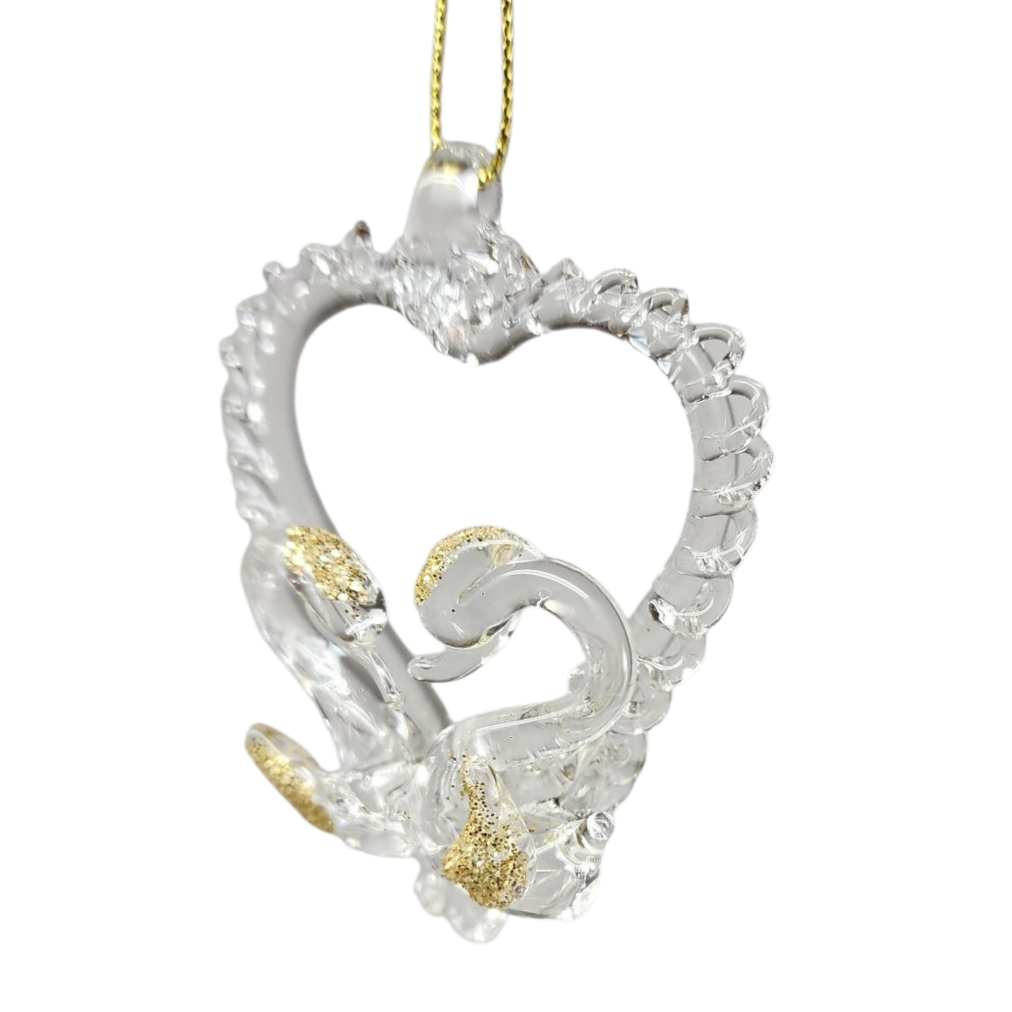 Spunglass Ornament - Gold Heart With Swans