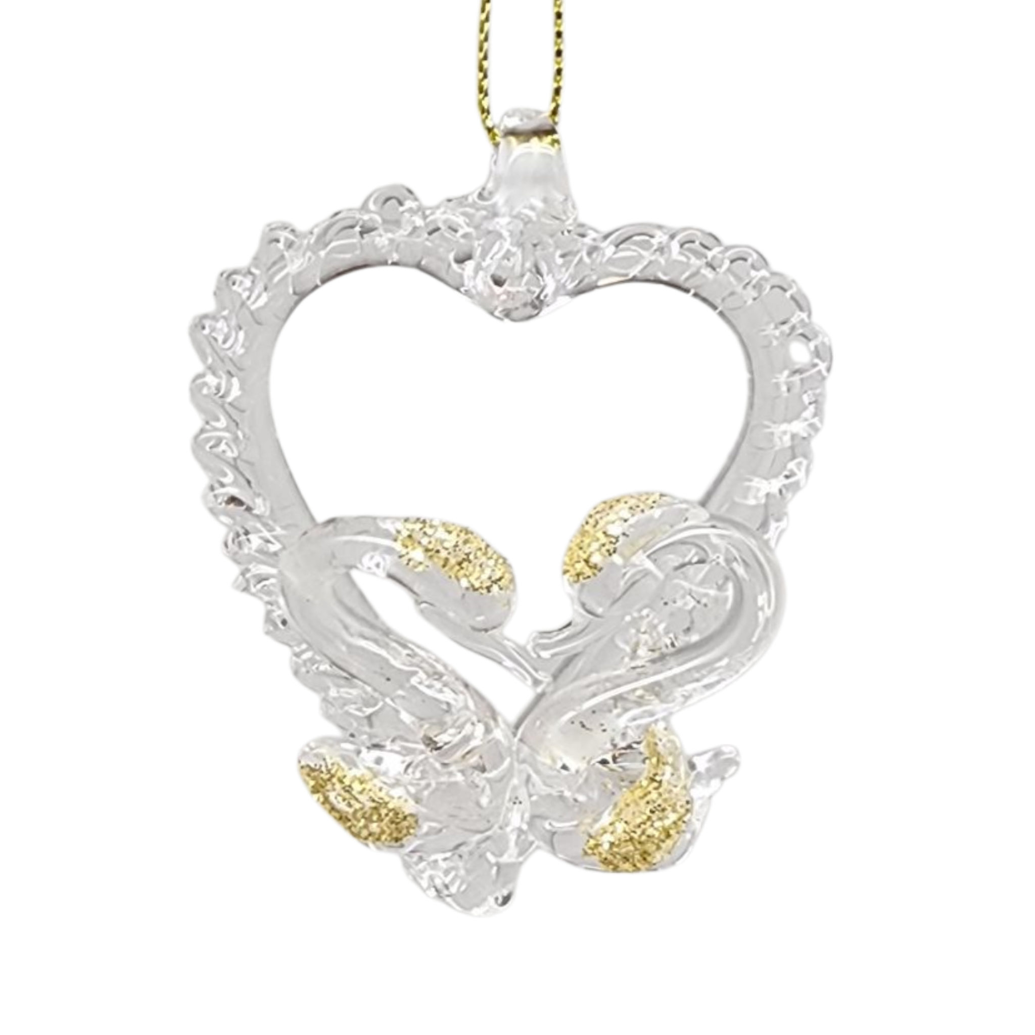 Spunglass Ornament - Gold Heart With Swans