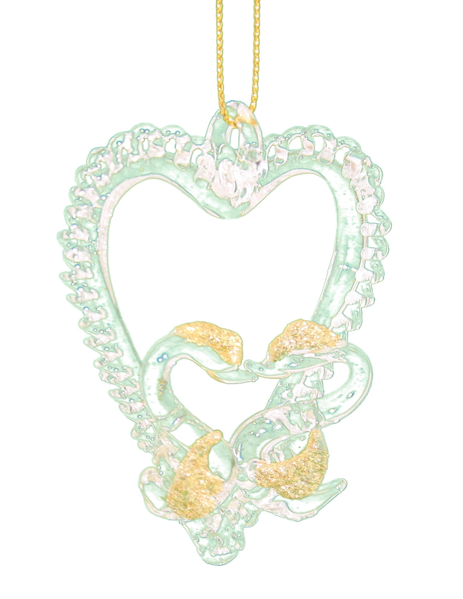 Spunglass Ornament - Gold Heart With Swans