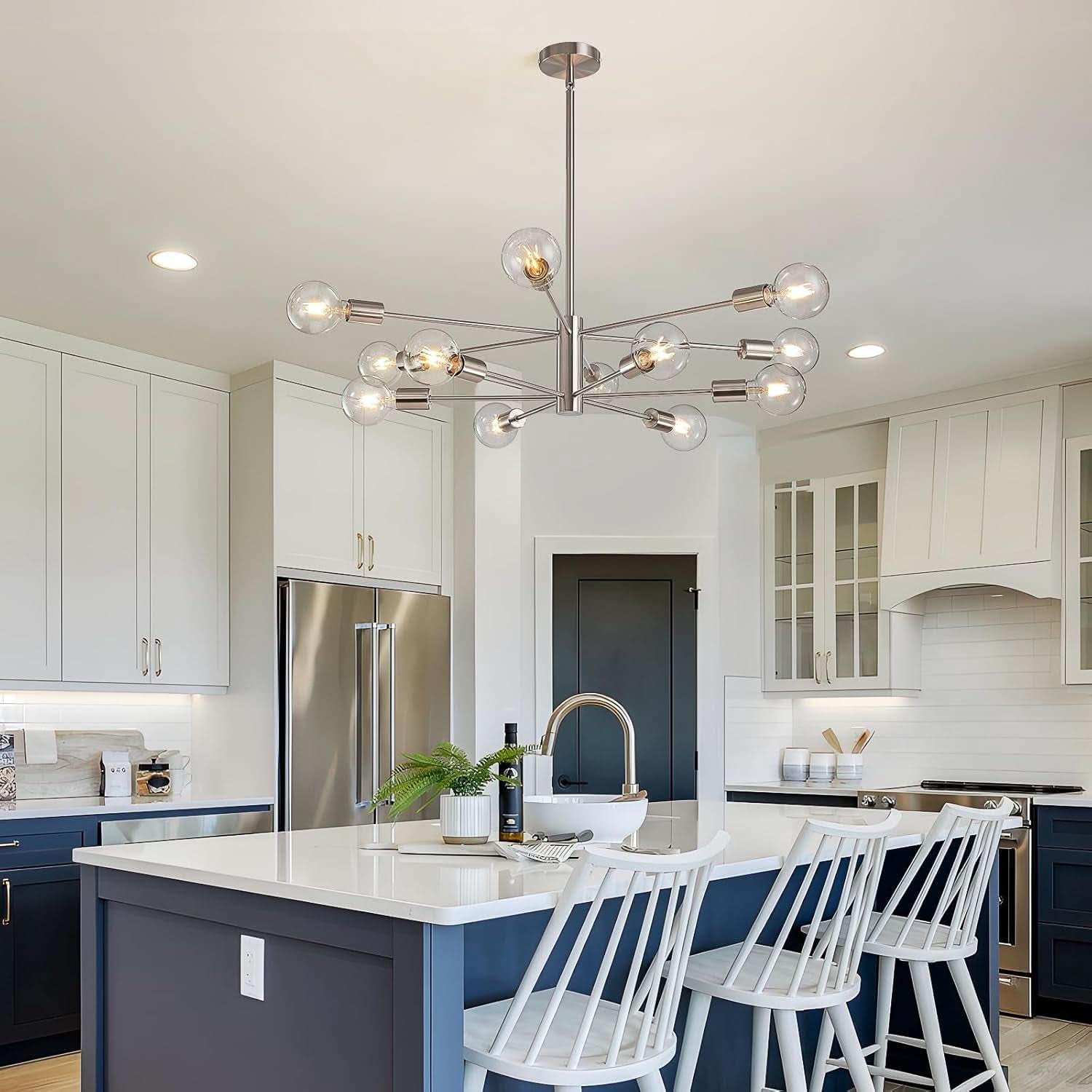 Sputnik 12 Light Brushed Nickel Chandelier For Dining Room