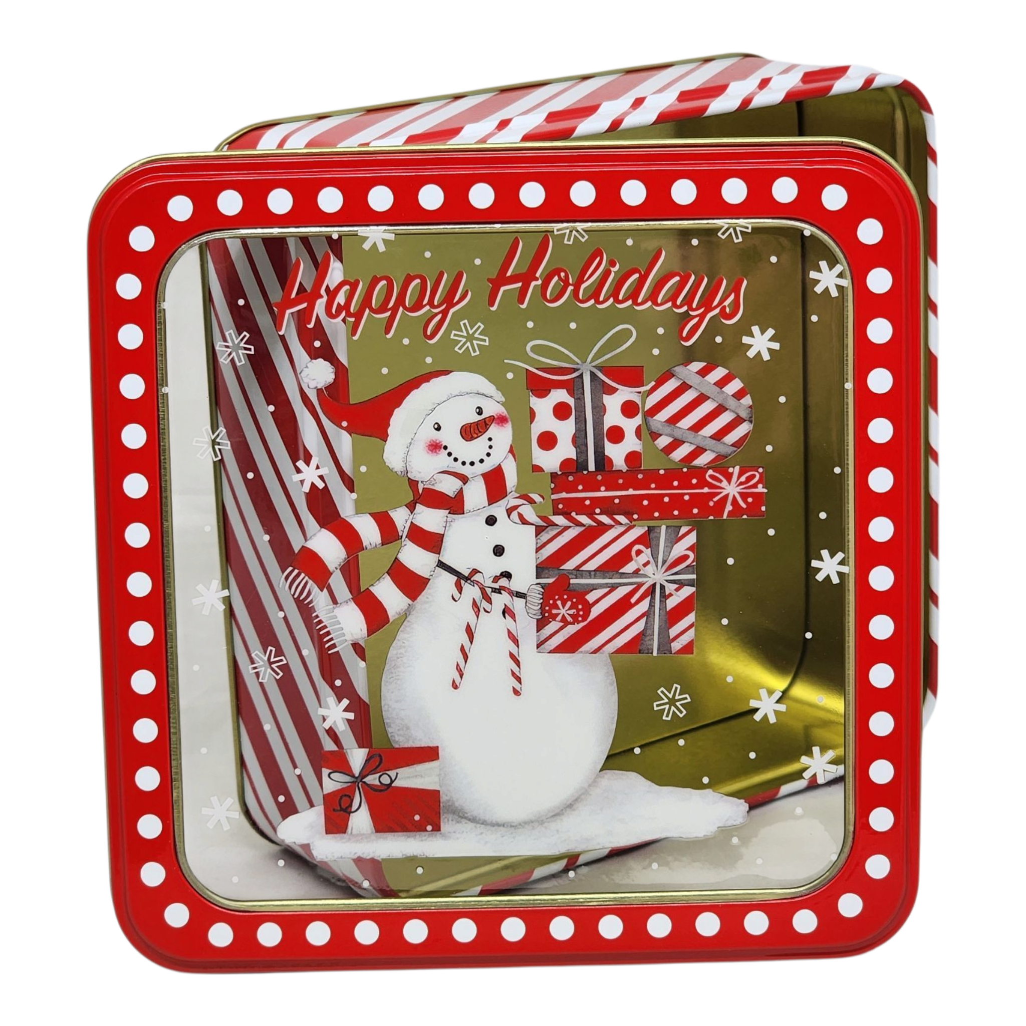 Square Cookie Tin with Window - Happy Holidays Snowman