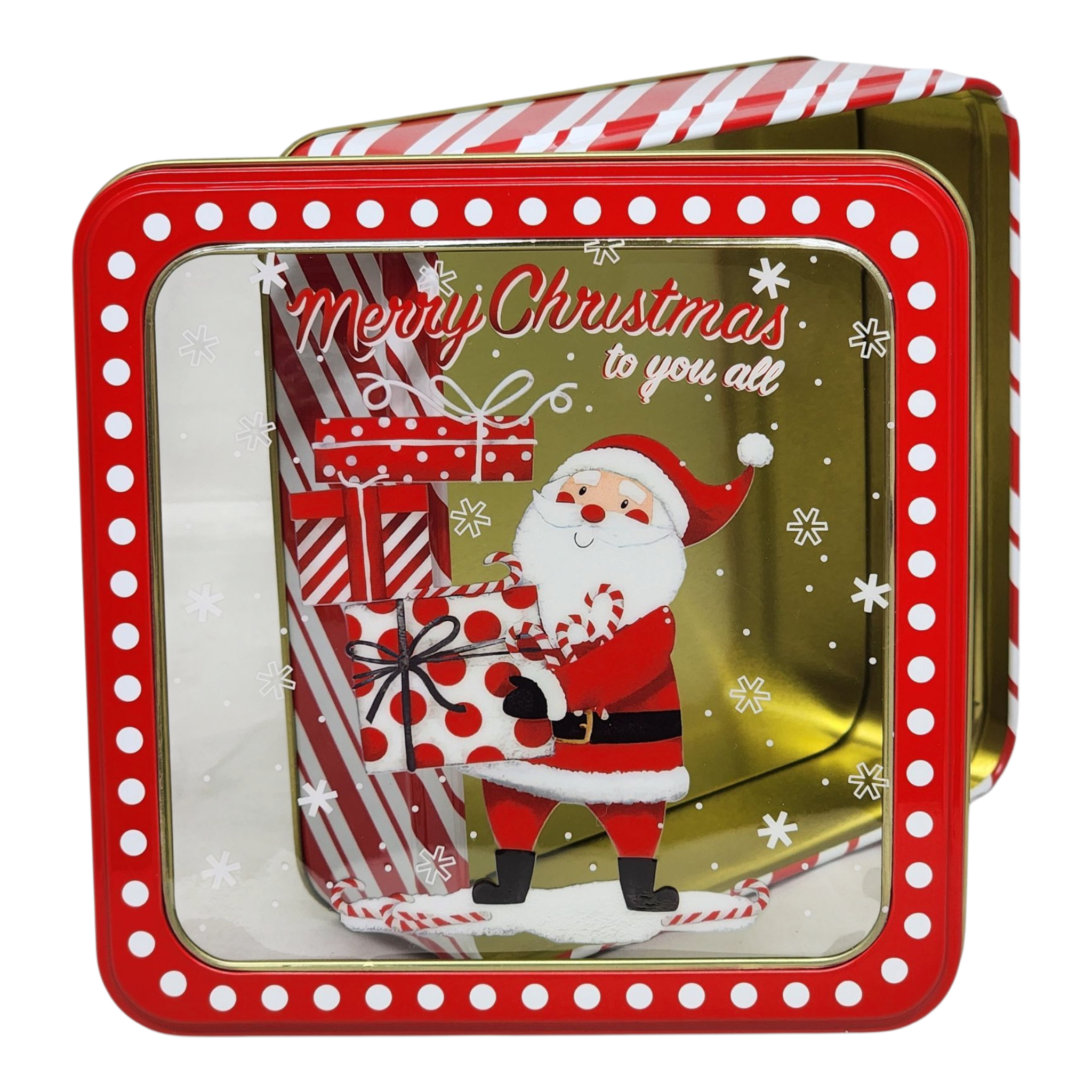 Square Cookie Tin with Window - Merry Christmas Santa with Gifts