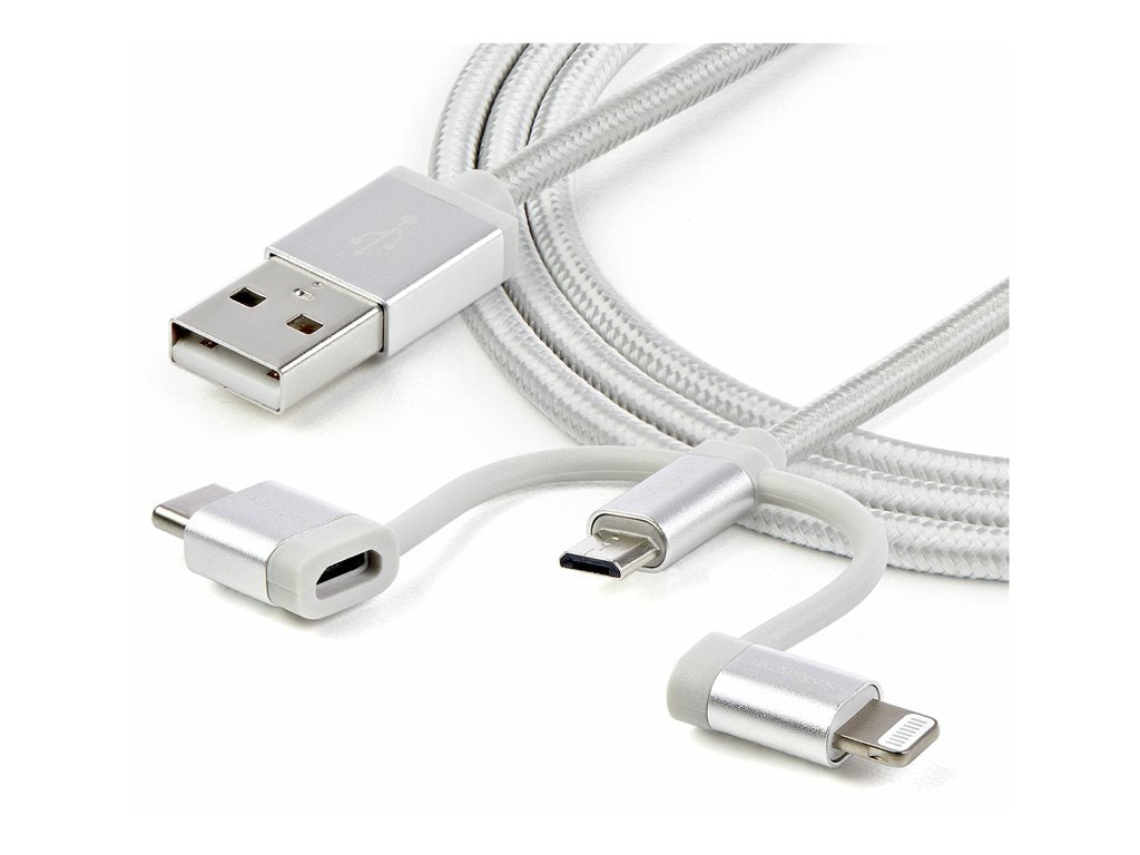 StarTech.com 6ft (1.8m) USB Multi-Charging Cable, USB-A to Lightning/USB-C/Micro-USB, Apple MFi Certified, Braided Nylon Jacket; LTCUB6GR