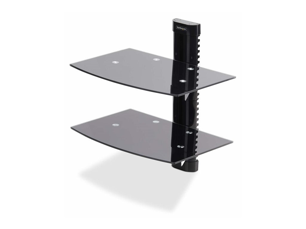 StarTech.com Dual Floating Wall-Mounted AV Shelves, Adjustable Height Shelf For Under TV, Organize A/V Equipment On Black Tempered 2B-WALL-MOUNT-SHELF