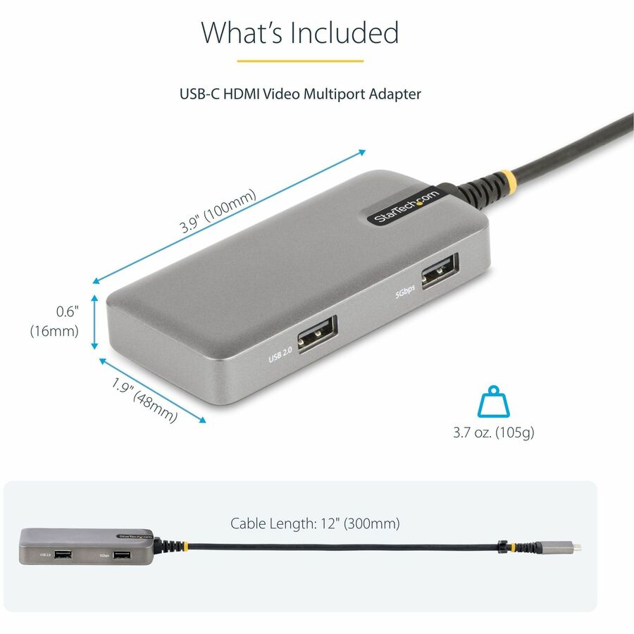 StarTech.com USB-C Multiport Adapter, 4K 60Hz HDMI, 3-Port USB Hub, 100W Power Delivery Pass-Through, Mini Dock, Windows/macOS/ChromeOS 104B-USBC-MULTIPORT