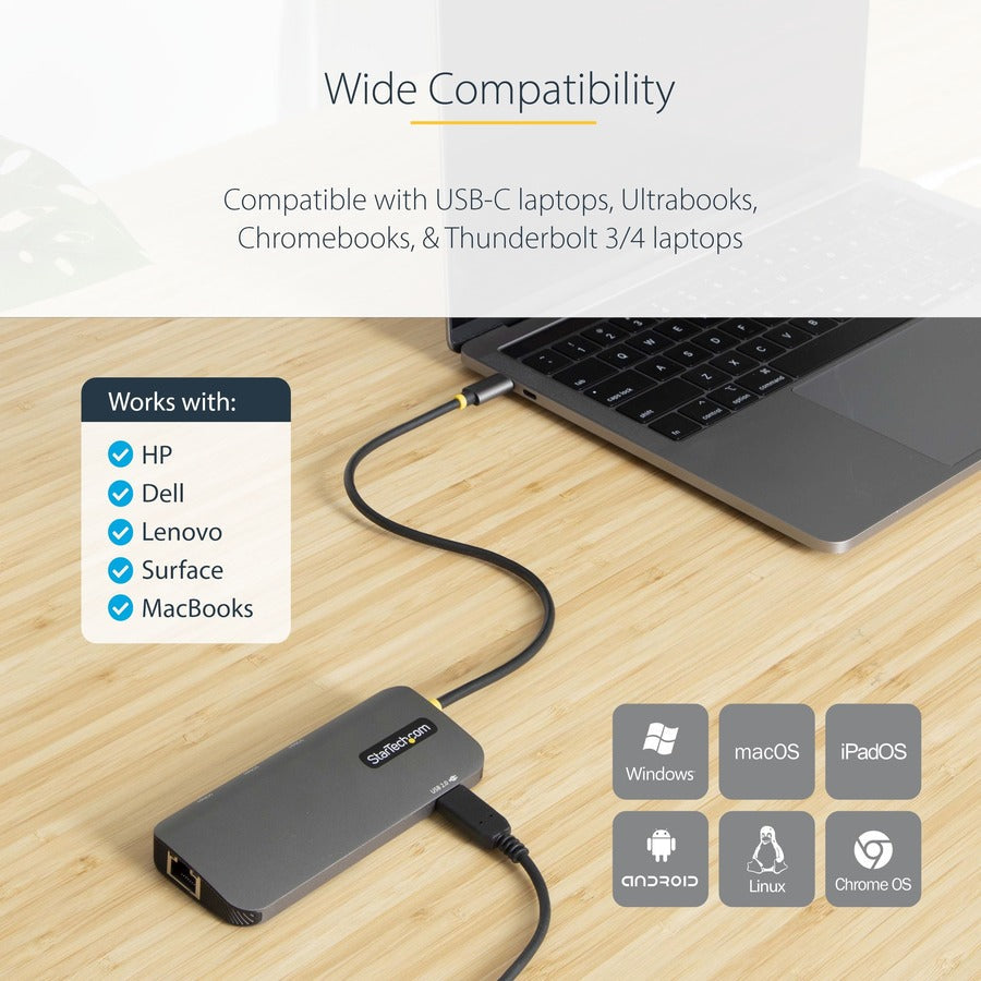 StarTech.com USB C Multiport Adapter, 4K 60Hz HDMI HDR10 Video, 3 Port 5Gbps USB 3.2 Hub, 100W PD PassThrough, GbE, Mini Travel Dock 127B-USBC-MULTIPORT