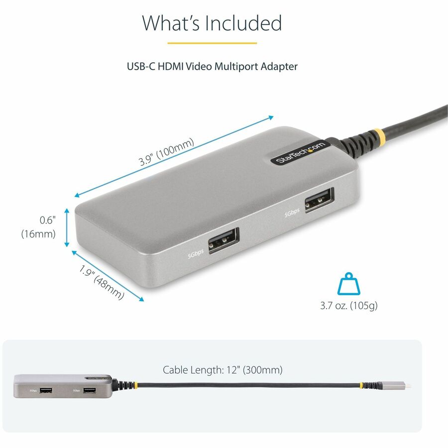 StarTech.com USB-C Multiport Adapter, 4K60Hz HDMI, HDR, 2-Port 5Gbps USB Hub, 100W PD Pass-Through, GbE, Mini Dock, Windows/macOS/ChromeOS 103B-USBC-MULTIPORT
