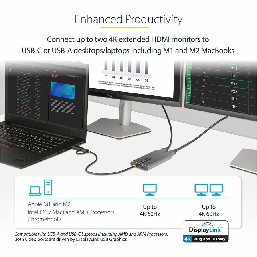 StarTech.com USB-C to Dual-HDMI Adapter, USB-C/A to 2x HDMI, 4K 60Hz, 100W PD