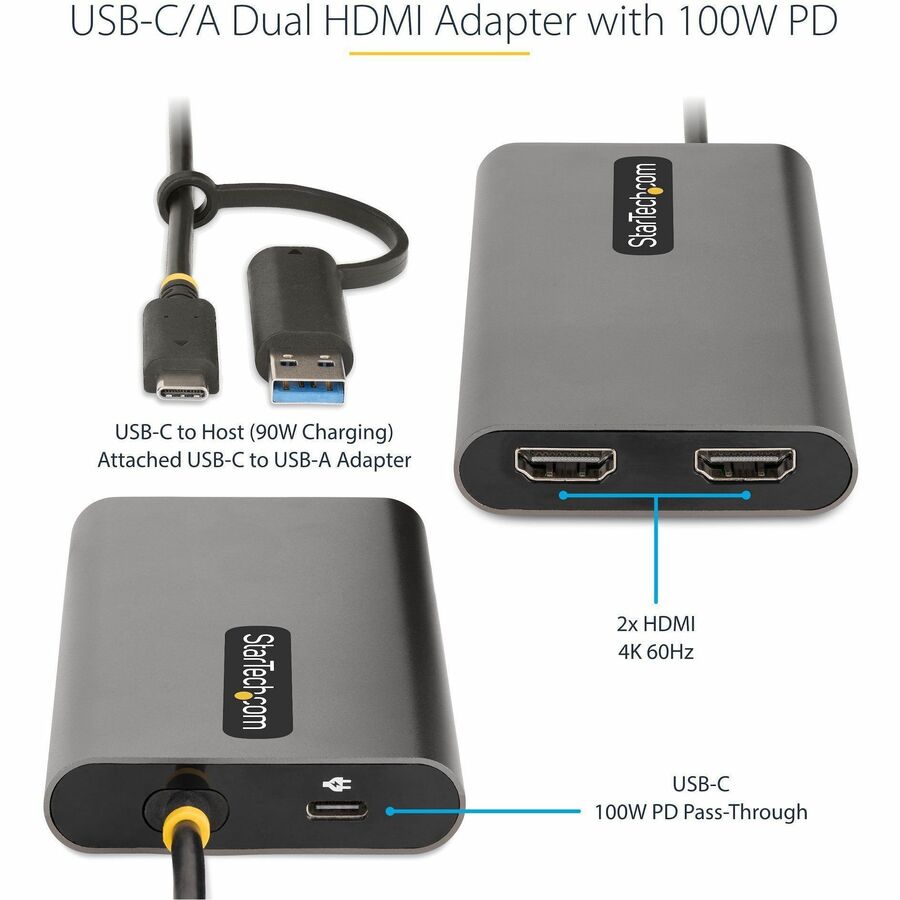 StarTech.com USB-C to Dual-HDMI Adapter, USB-C/A to 2x HDMI, 4K 60Hz, 100W PD