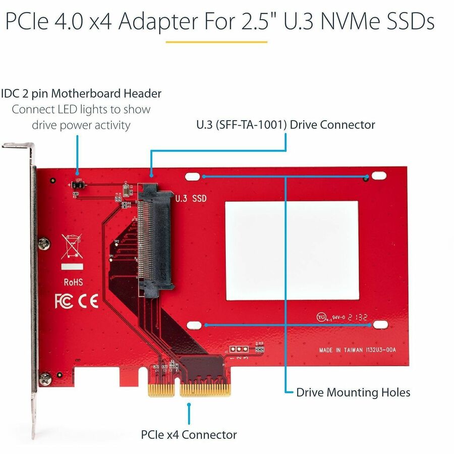 StarTech.com U.3 to PCIe Adapter Card, PCIe 4.0 x4 Adapter For 2.5" U.3 NVMe SSDs,
