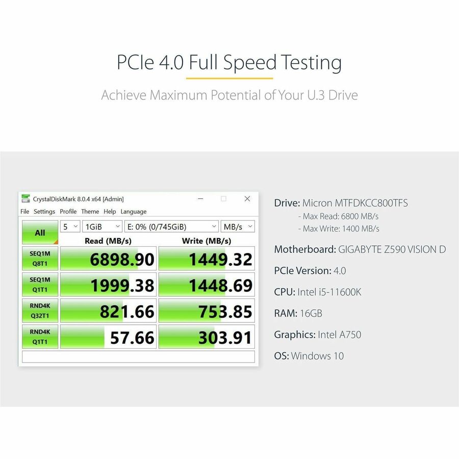 StarTech.com U.3 to PCIe Adapter Card, PCIe 4.0 x4 Adapter For 2.5" U.3 NVMe SSDs,