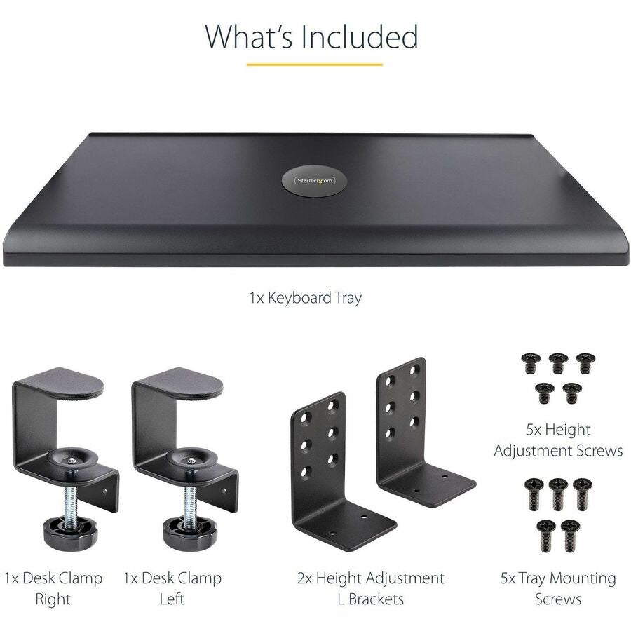 StarTech.com Under Desk Keyboard Tray, Clamp on Keyboard Holder, Up to 12kg/26.5lb, Height Adjustable, Ergonomic Sliding Keyboard Drawer