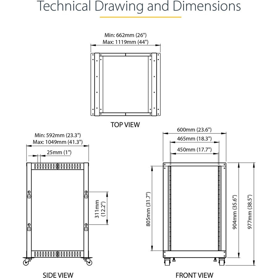 Startech.Com 18U 19" Open Frame Server Rack - 4 Post Adjustable Depth 23-41" Mobile - Free