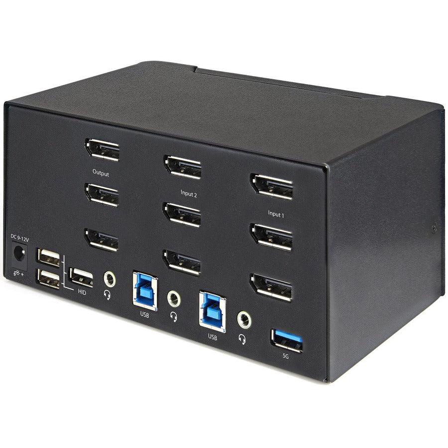 Startech.Com 2 Port Triple Monitor Displayport Kvm Switch - 4K 60Hz Uhd Hdr - Desktop Dp 1.2 Kvm With 2 Port Usb 3.0 Hub (5Gbps) & 4X Usb 2.0 Hid Ports, Audio - Hotkey Switching - Taa