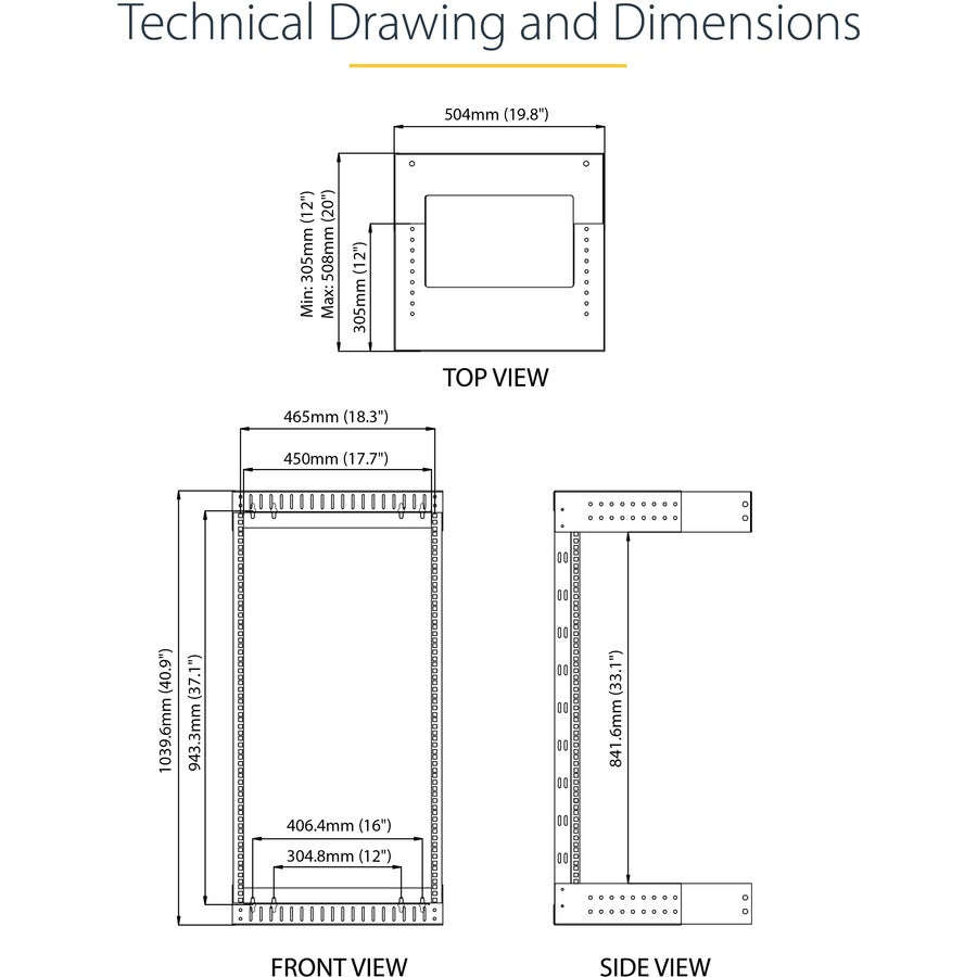 Startech.Com 21U 19" Wall Mount Network Rack - Adjustable Depth 12-20" 2 Post Open Frame Server Room Rack For Av/Data/ It Communication/Computer Equipment/Switch W/Cage Nuts & Screws