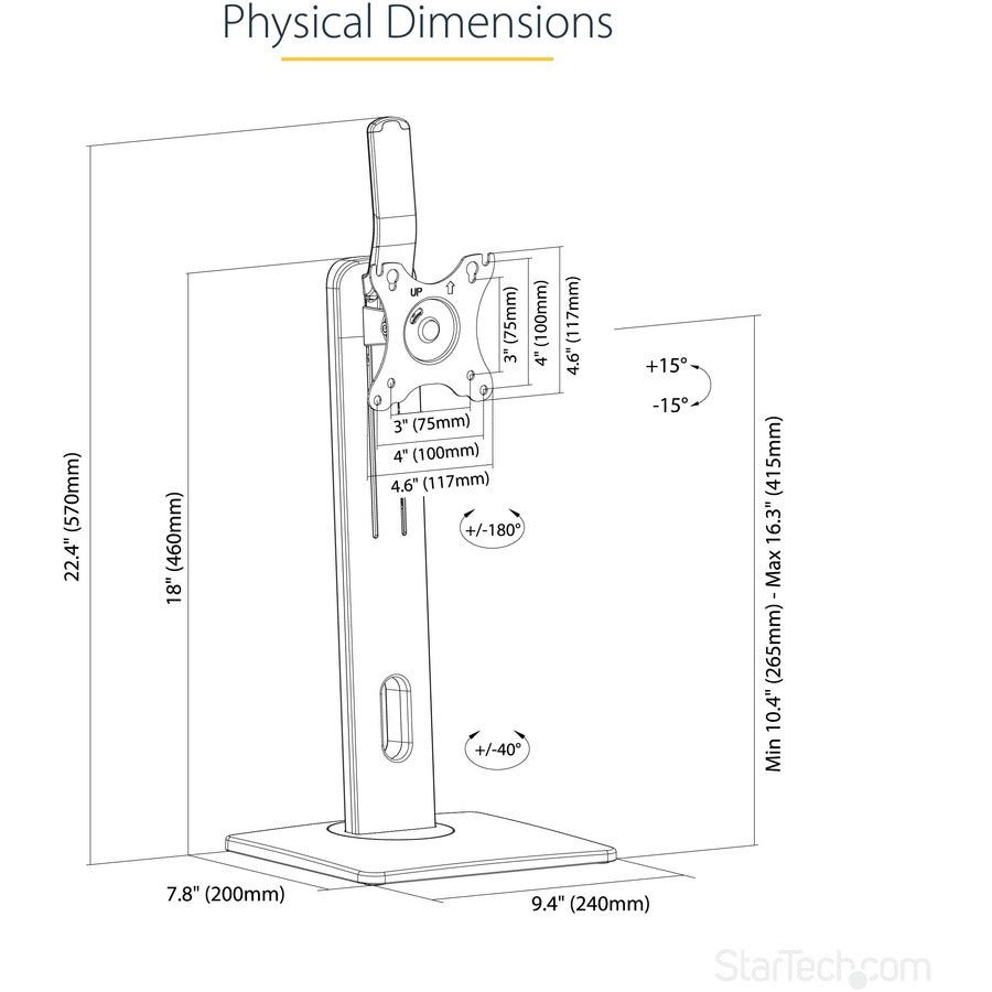 Startech.Com Free Standing Single Monitor Mount - Height Adjustable Monitor Stand - For Vesa Mount Displays Up To 32" (15Lb/7Kg) - Ergonomic Monitor Stand For Desk - Tilt/Swivel/Rotate